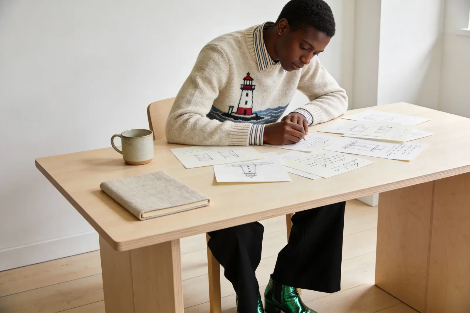 A writer reviewing printed pages at a clear desk, checking the revised opening against the structure of the larger manuscript.