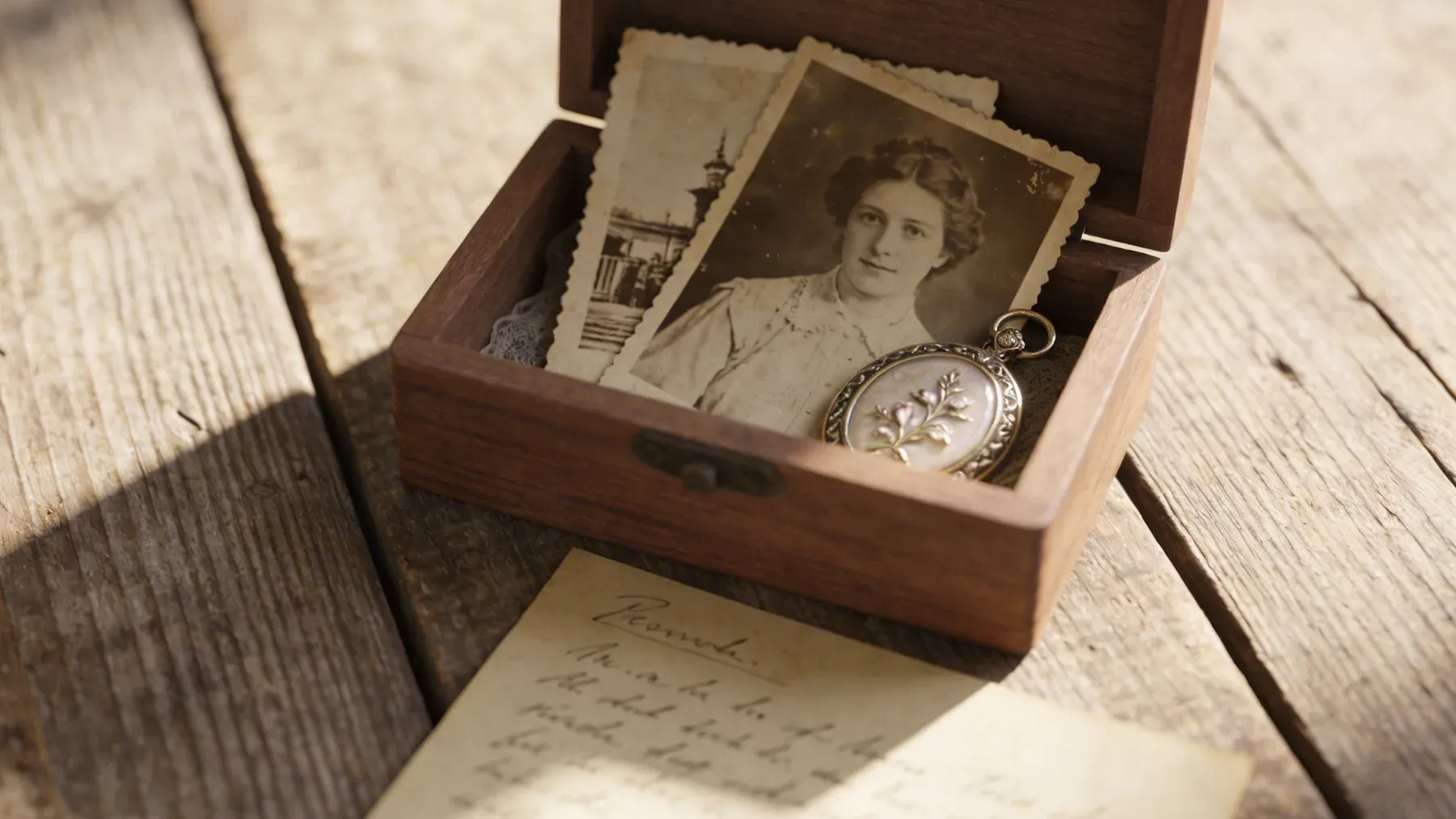 An open wooden memory box holds photographs and a letter, illustrating how selected evidence can gain a different meaning when the present supplies new context.