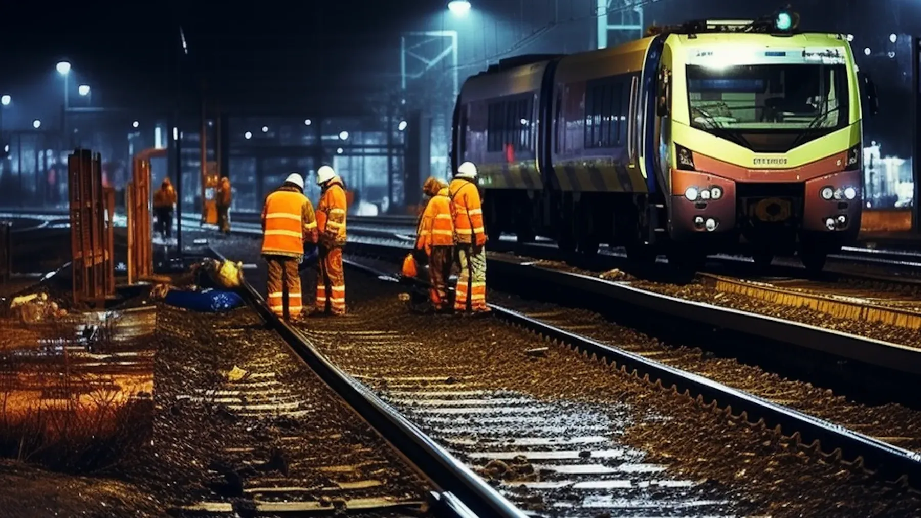 Railway workers inspect tracks beside a train at night, giving the remembered event its own objective, pressure, and physical setting.
