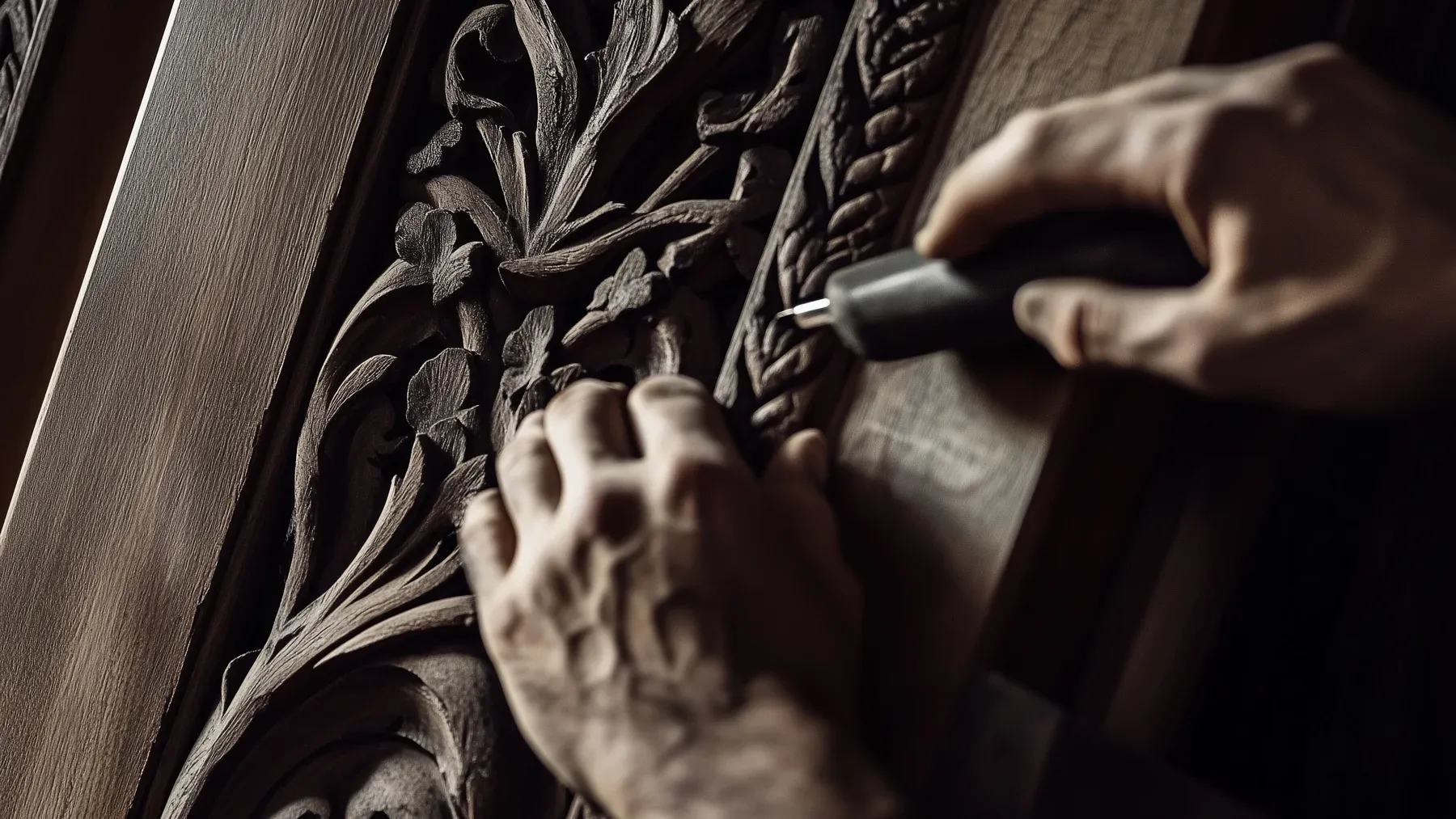 Hands carve a detailed pattern into wood, showing how inherited knowledge can live in material practice as well as spoken narrative.