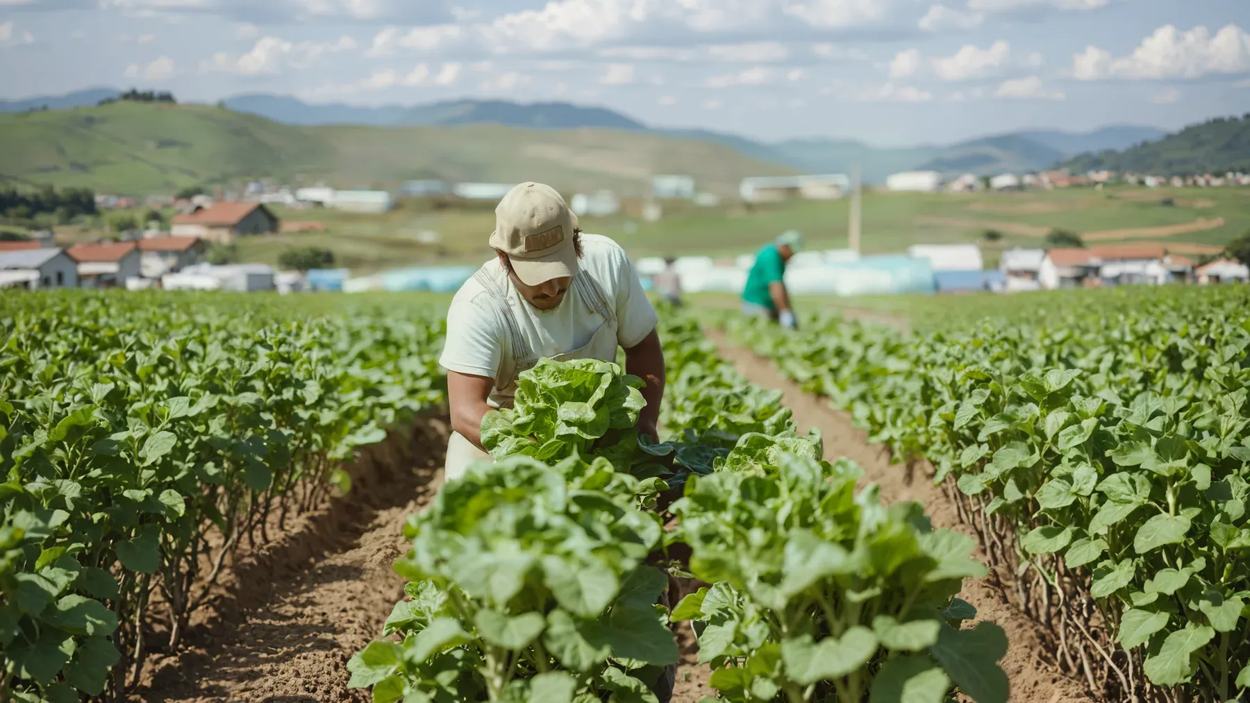 A field worker gathering crops, showing that the food route begins with land, labor, water, tools, and control of the harvest.
