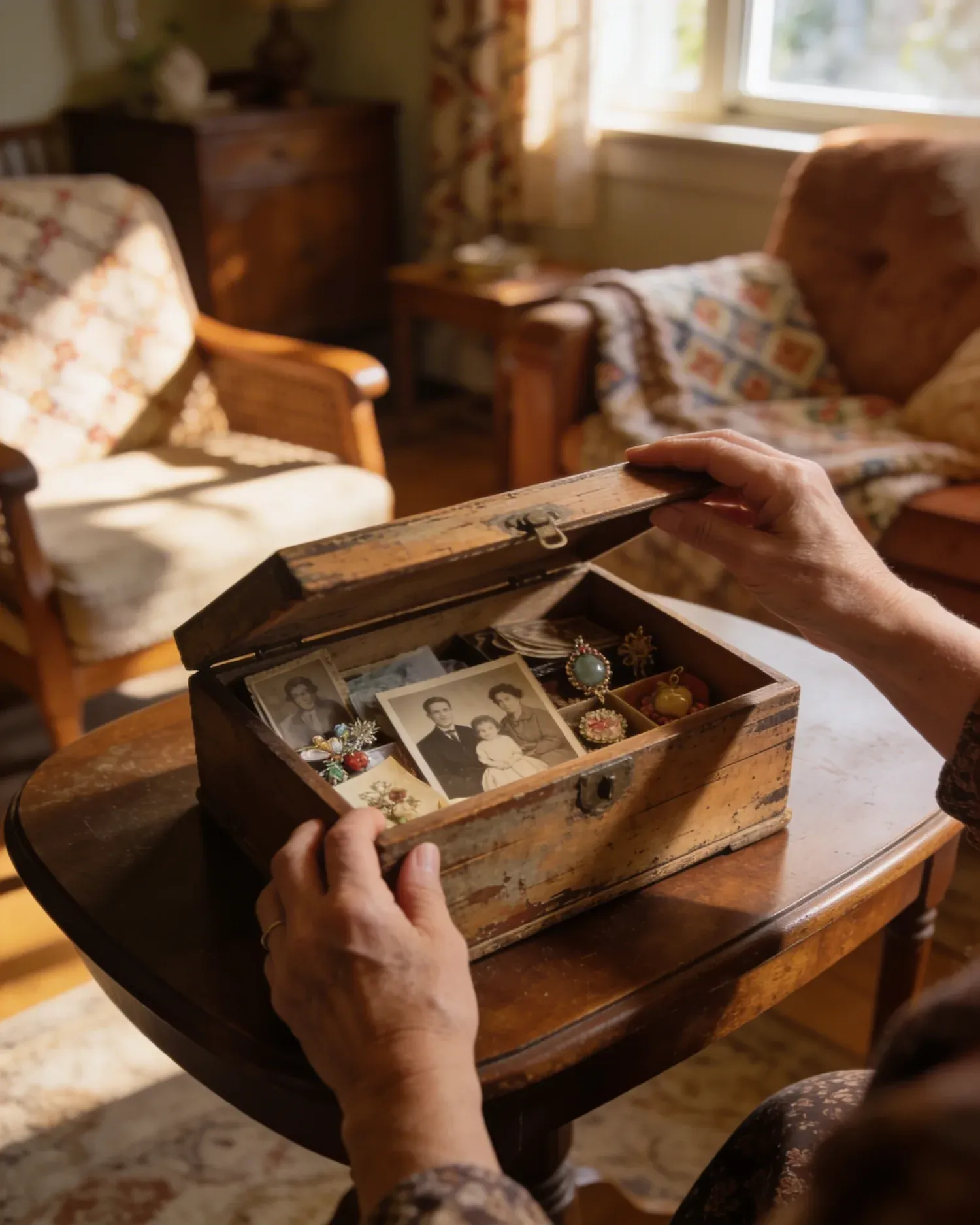 A box of family photographs and keepsakes opened in warm light, showing how an ordinary object can carry a second history the reader has not yet learned to read.