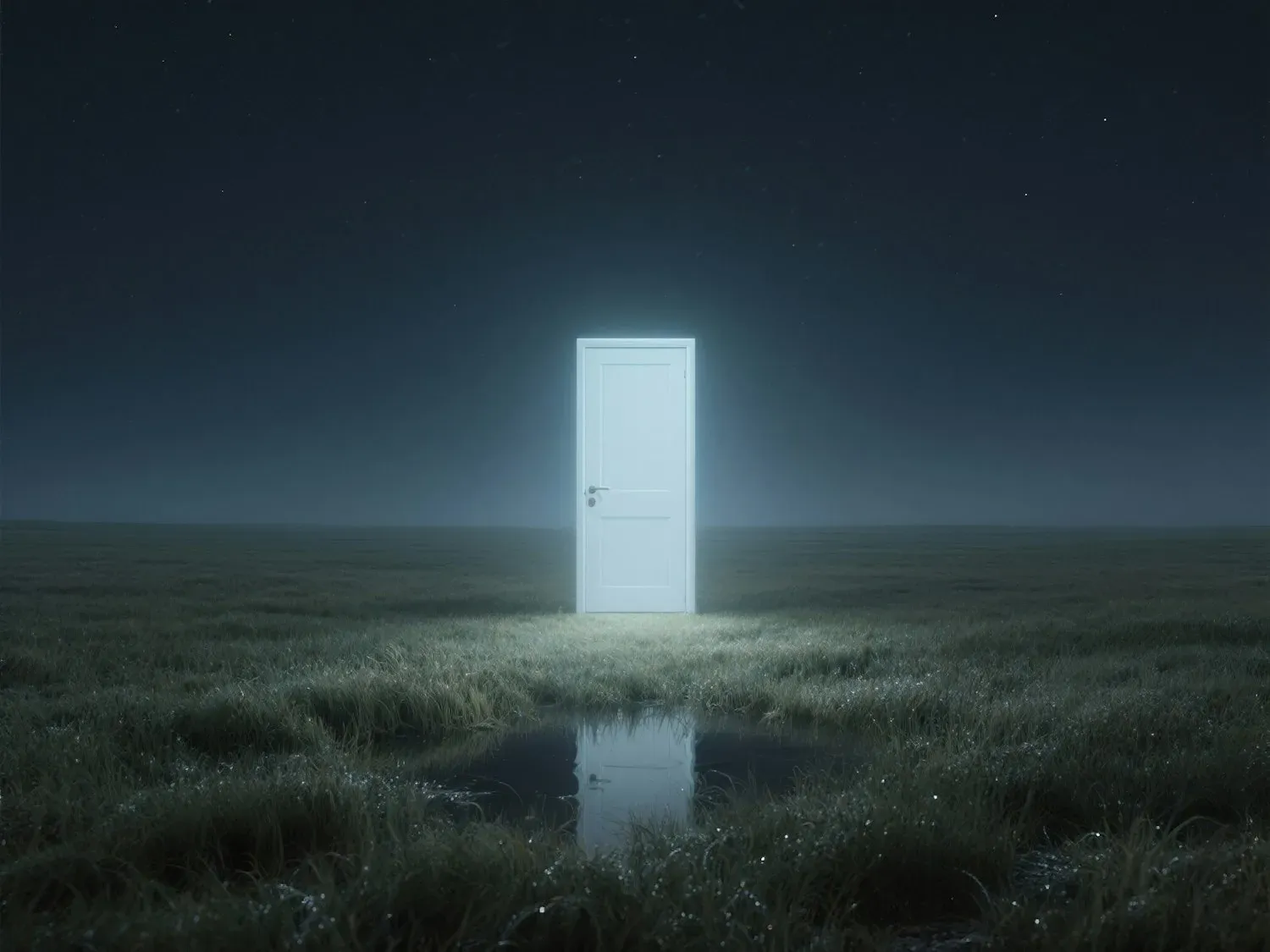 A glowing doorway standing alone at night, evoking the moment a prepared possibility becomes real and opens a new direction for the story.
