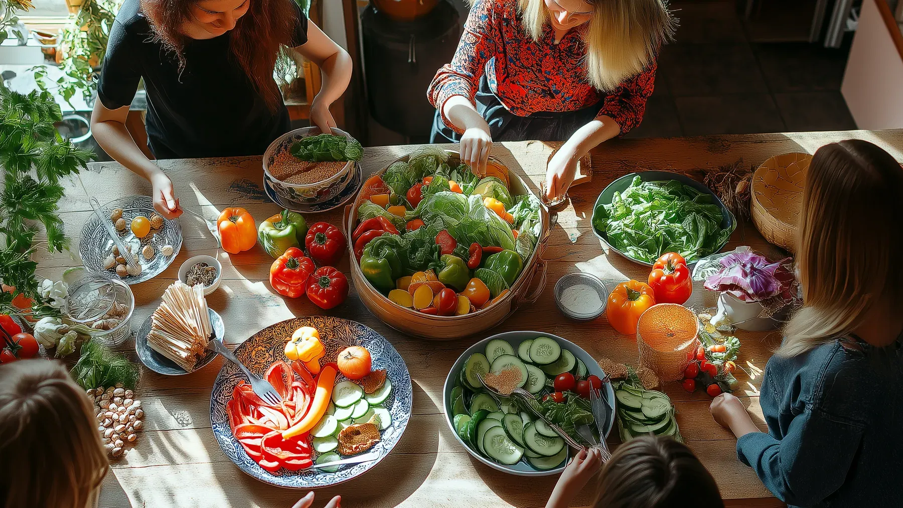 Several people prepare vegetables around one table, showing how ordinary labor can redistribute responsibility and make dependence visible.