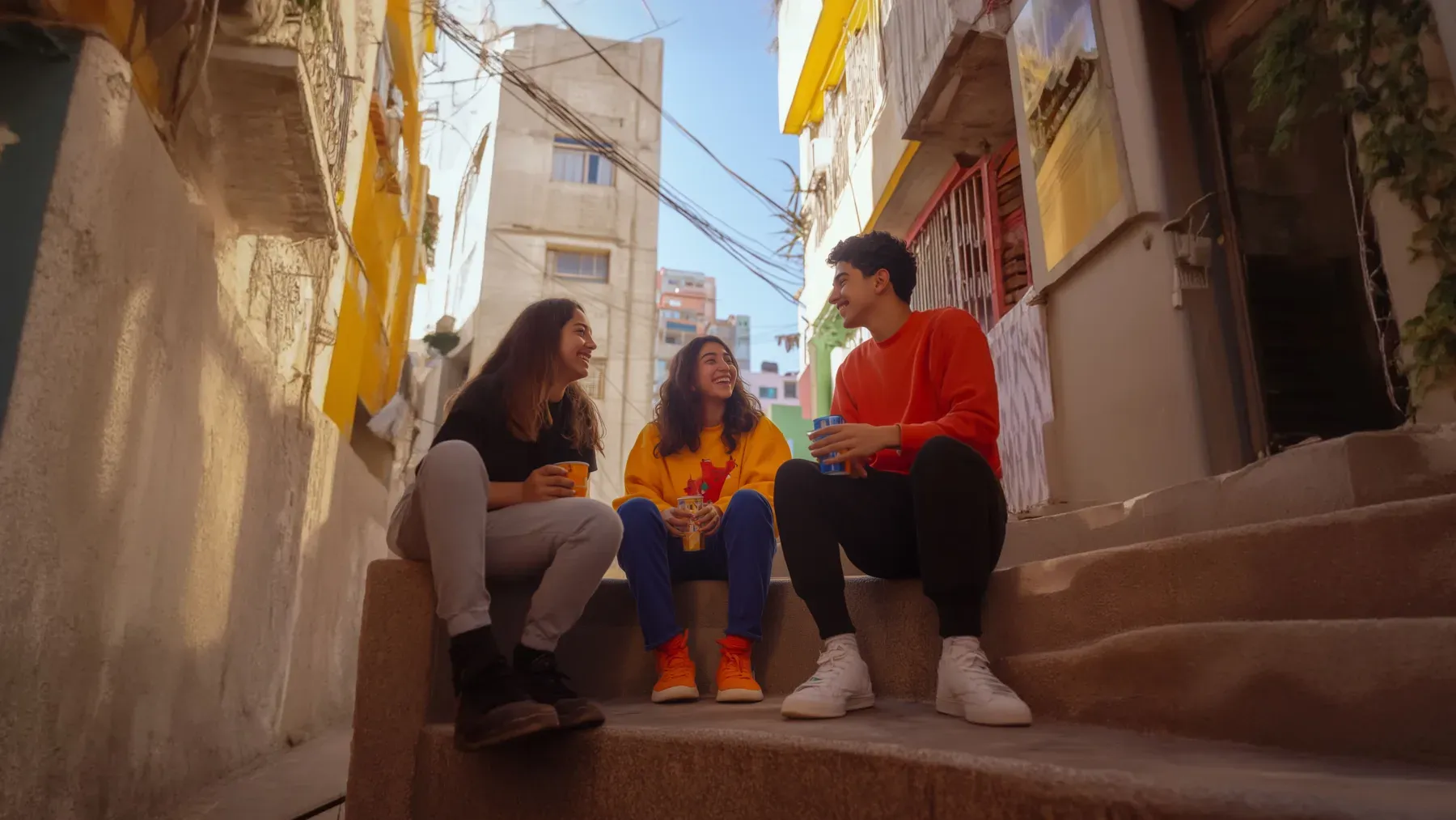 Three friends talking on neighborhood steps, representing the uneven pairwise histories that continue operating inside a shared group scene.