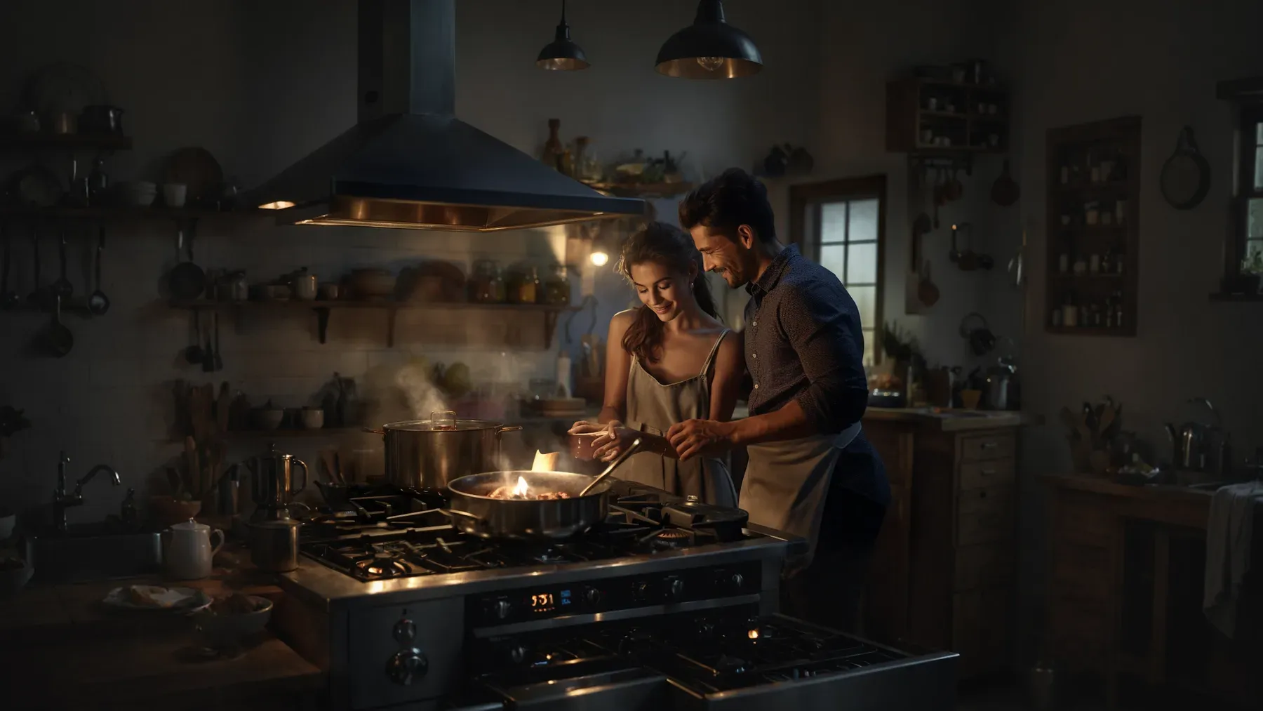 Two people cooking together in a dark kitchen, showing how shared labor can carry trust, routine, irritation, and dependence at the same time.