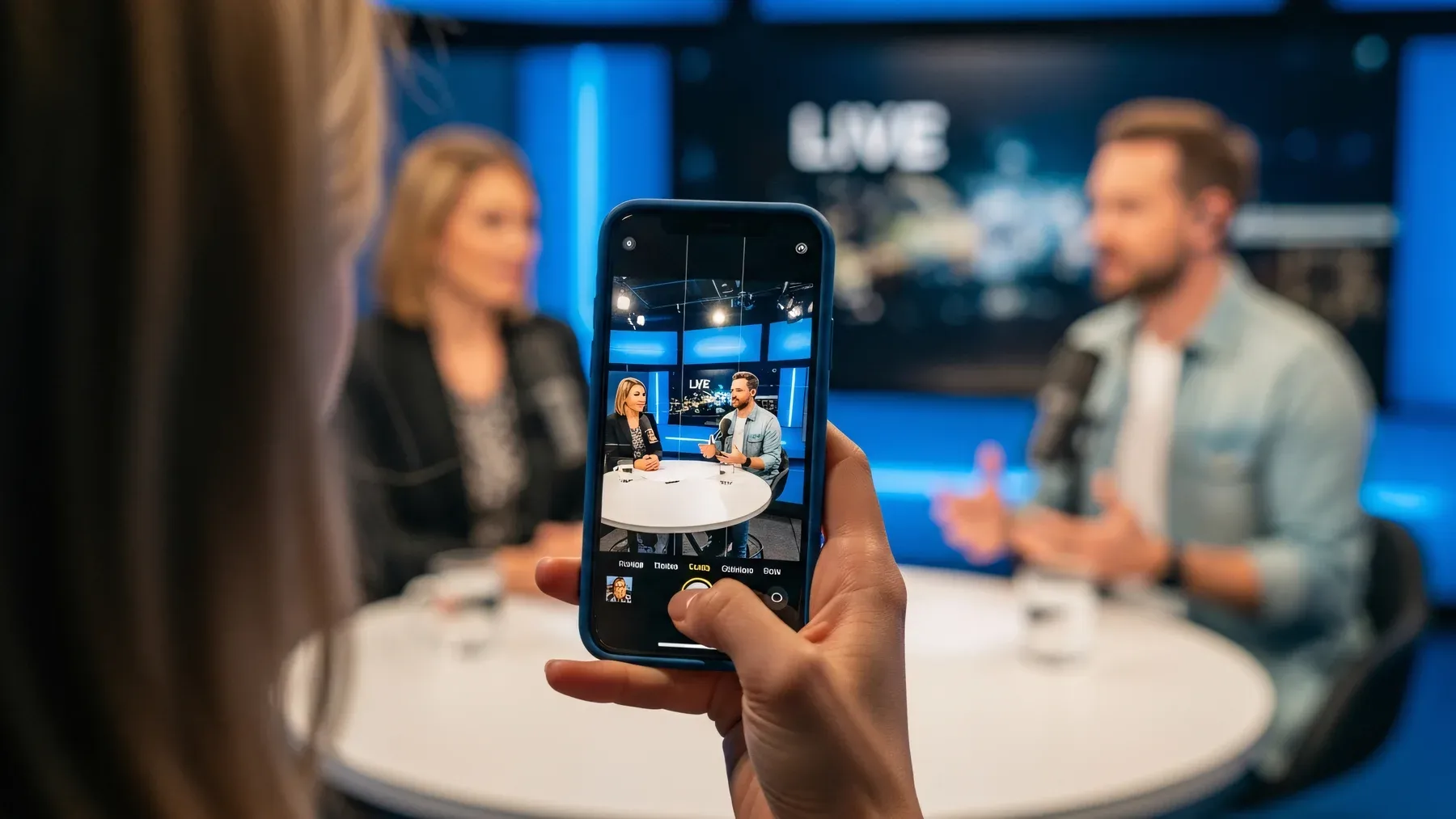 A viewer recording a live interview on a phone, showing how a medium carries an account from speaker to audience.