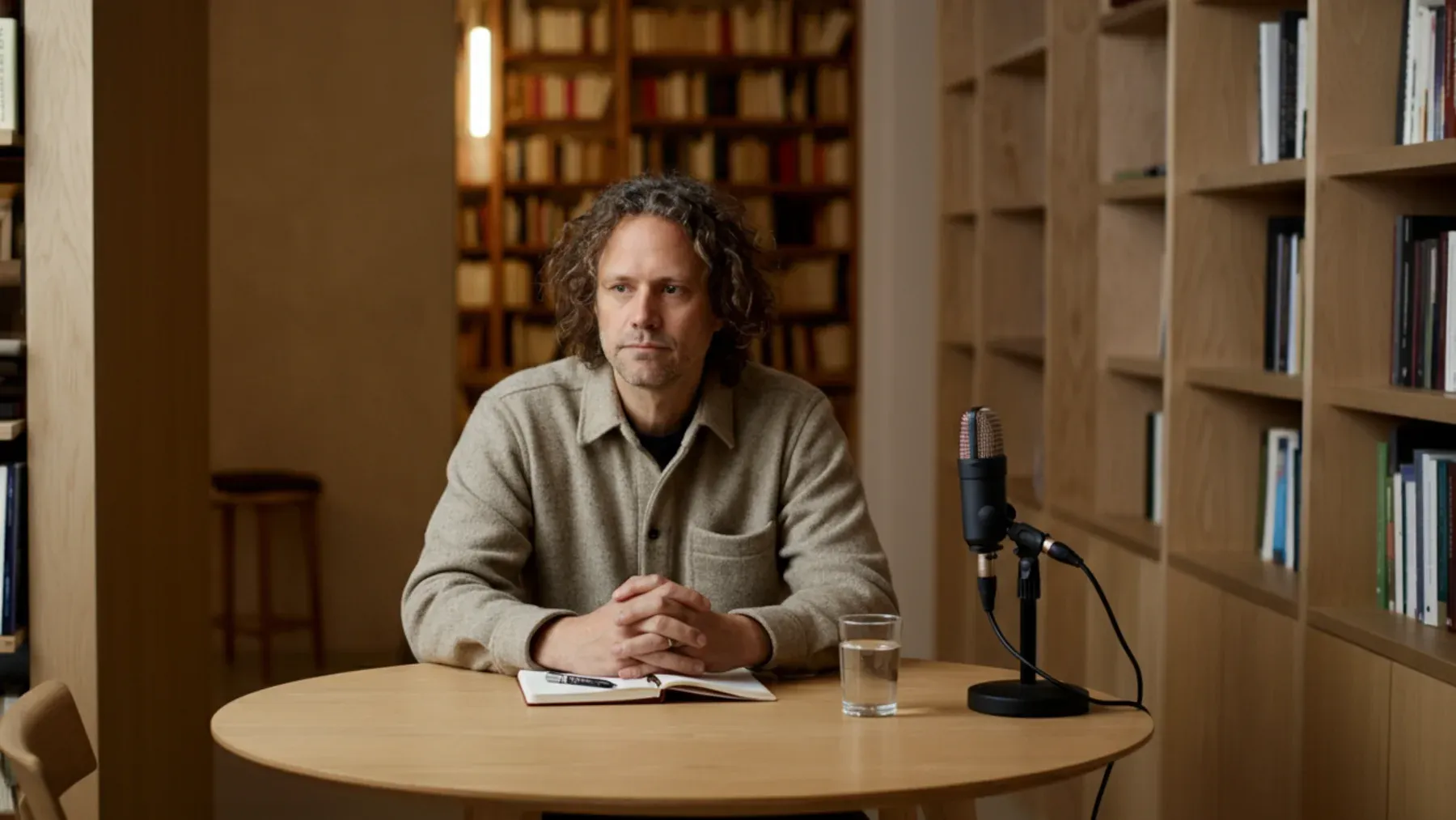 A speaker waiting beside a microphone and notebook, representing the deliberate present act of telling an inner story.