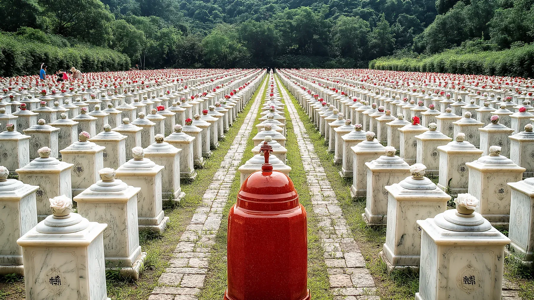 Rows of memorial stones surround one vivid red marker, suggesting how a public pattern can preserve difference instead of resolving it.