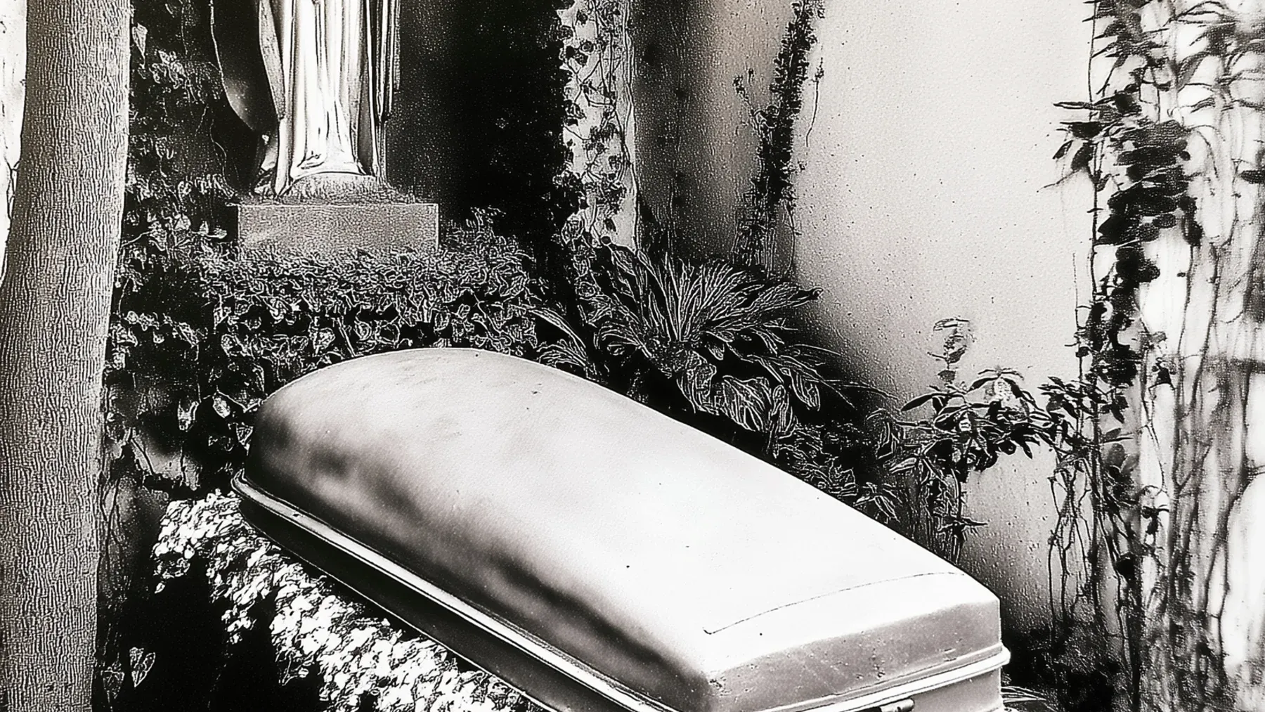 A coffin rests beneath trees beside a memorial statue, establishing a public ceremony whose order gives every mourner a different role.