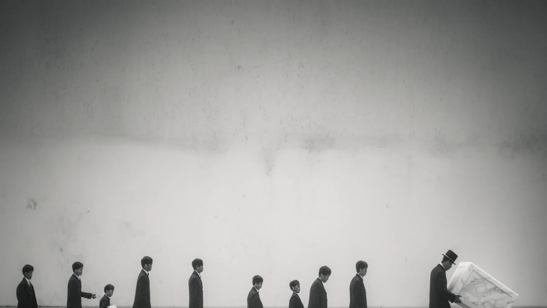 A line of mourners crosses an open space in a formal procession, making ritual order visible through bodies, distance, and sequence.