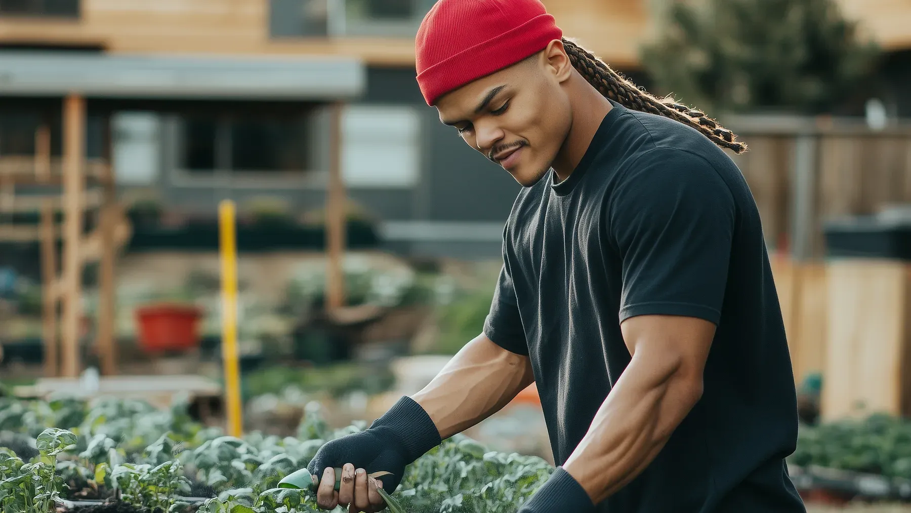 A gardener tending organized beds reveals the practical system that an outsider's first description may have misclassified.