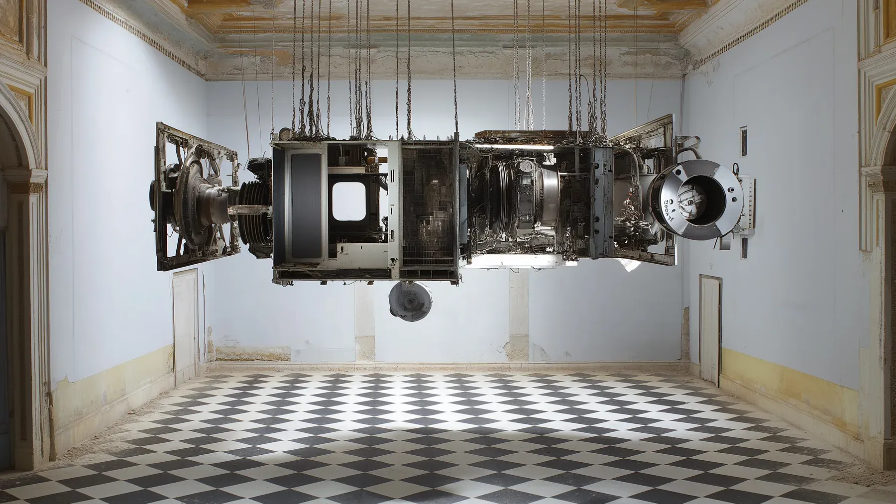 A turbine displayed inside a decaying ornate room joins industrial machinery to inherited grandeur and concealed maintenance.