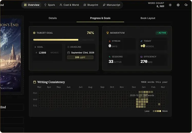 NovelOS goals tracking and writing analytics workspace
