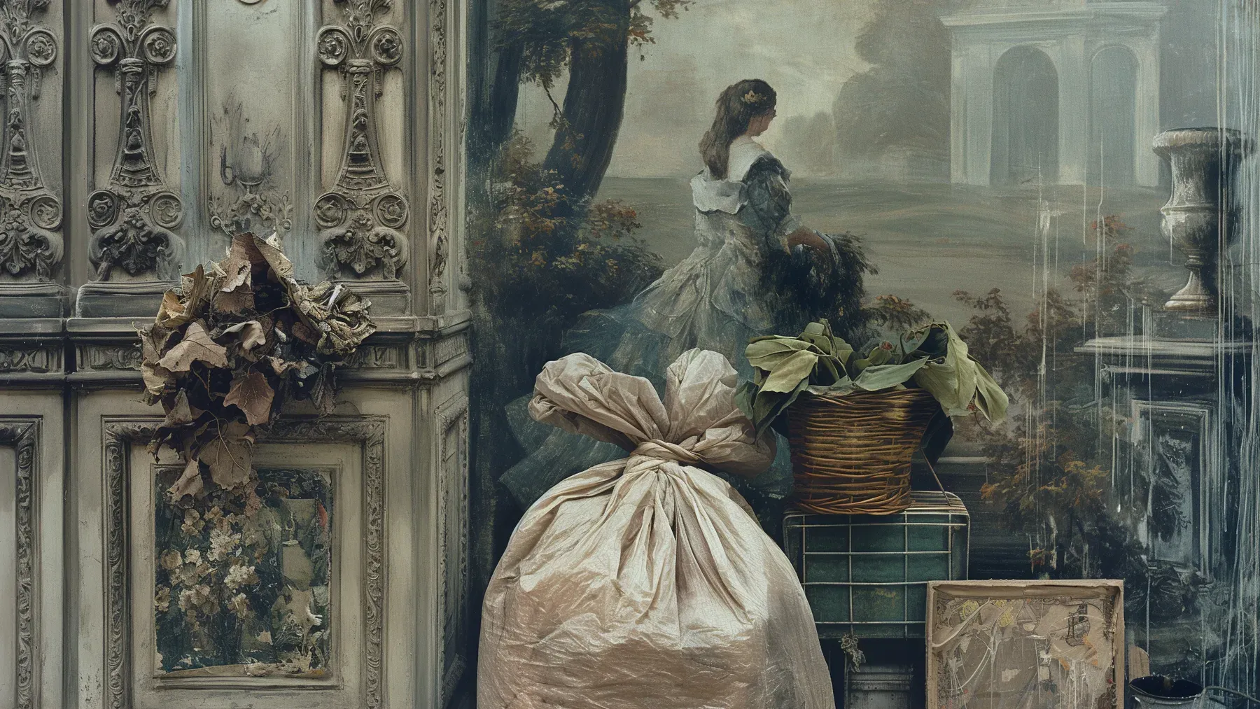 A damaged classical mural in an abandoned room makes beauty, neglect, earlier intervention, and hidden layers part of the evidence.