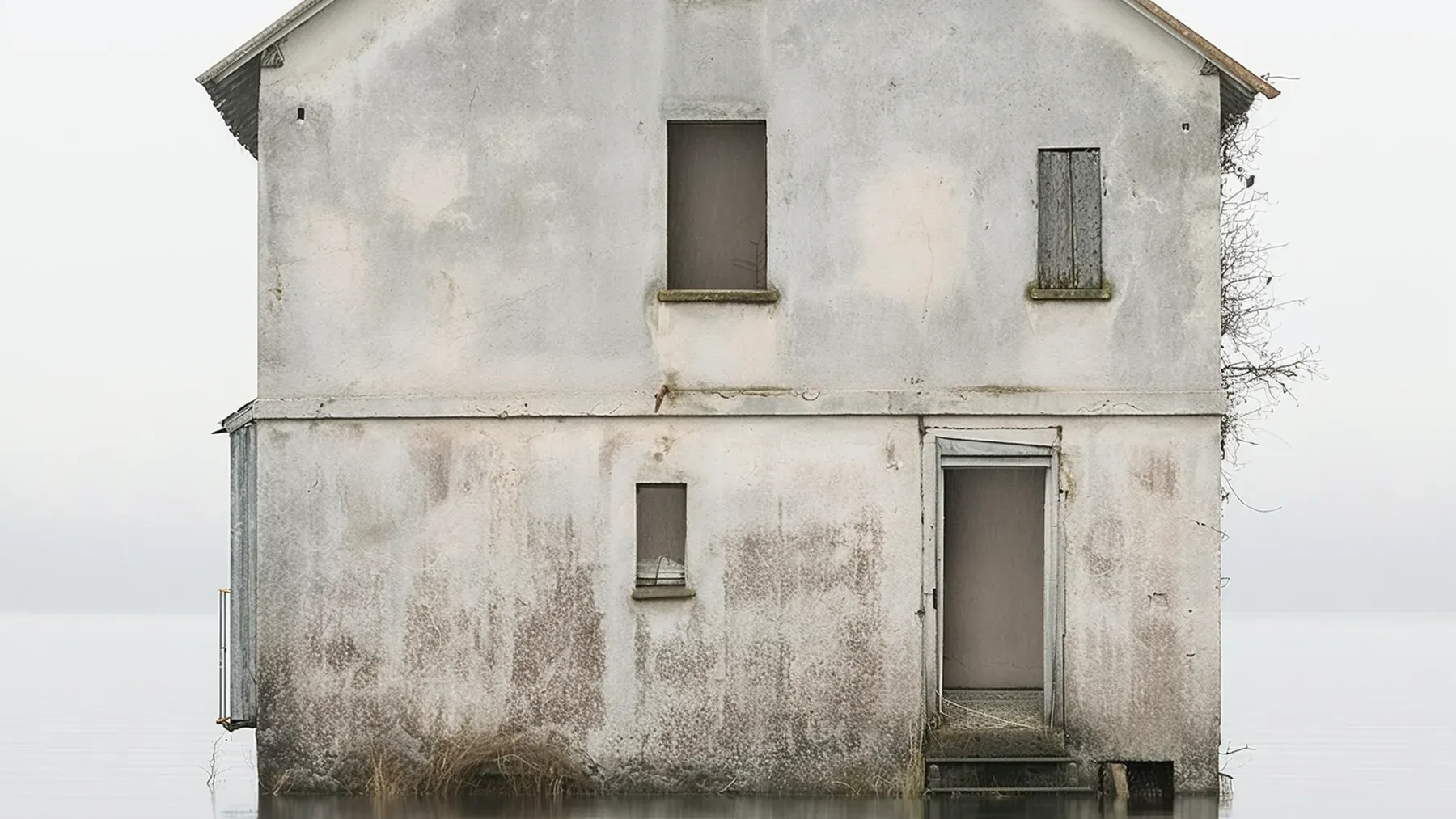A solitary house partly submerged in still water turns isolation, reflection, and structural danger into one Gothic promise.