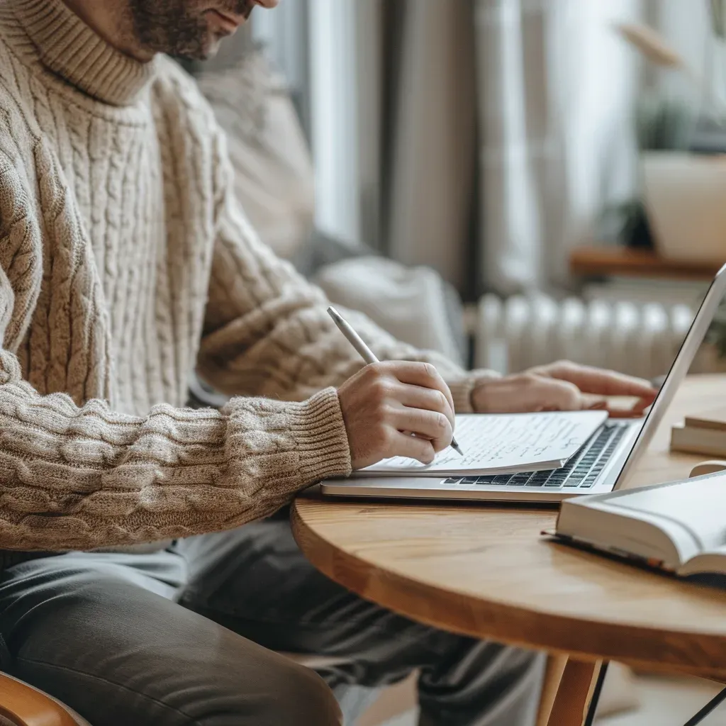 A writer comparing handwritten notes with a laptop while revising a long-form project.