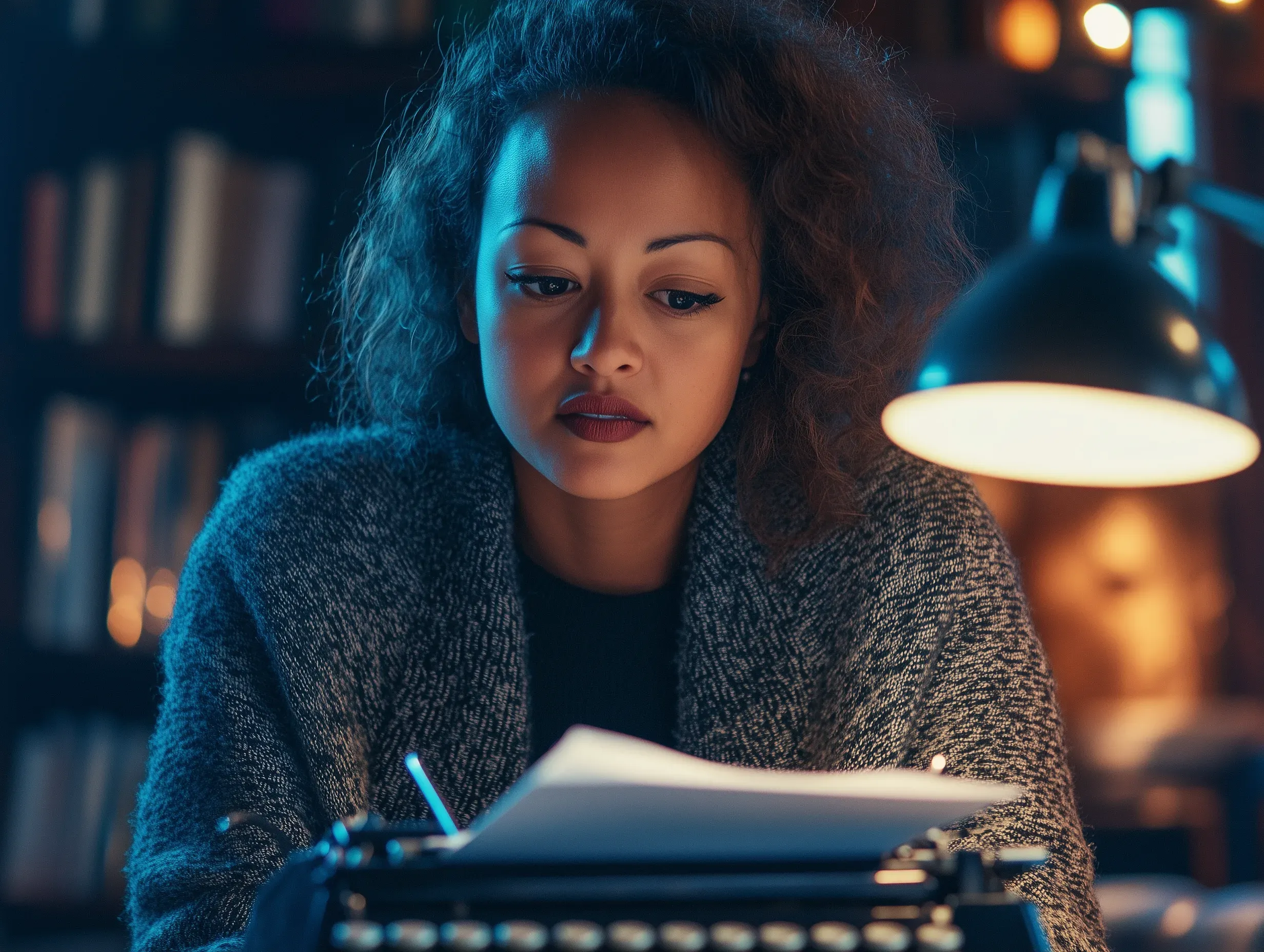 A novelist reviewing pages beside a typewriter under a desk lamp during a focused revision session.