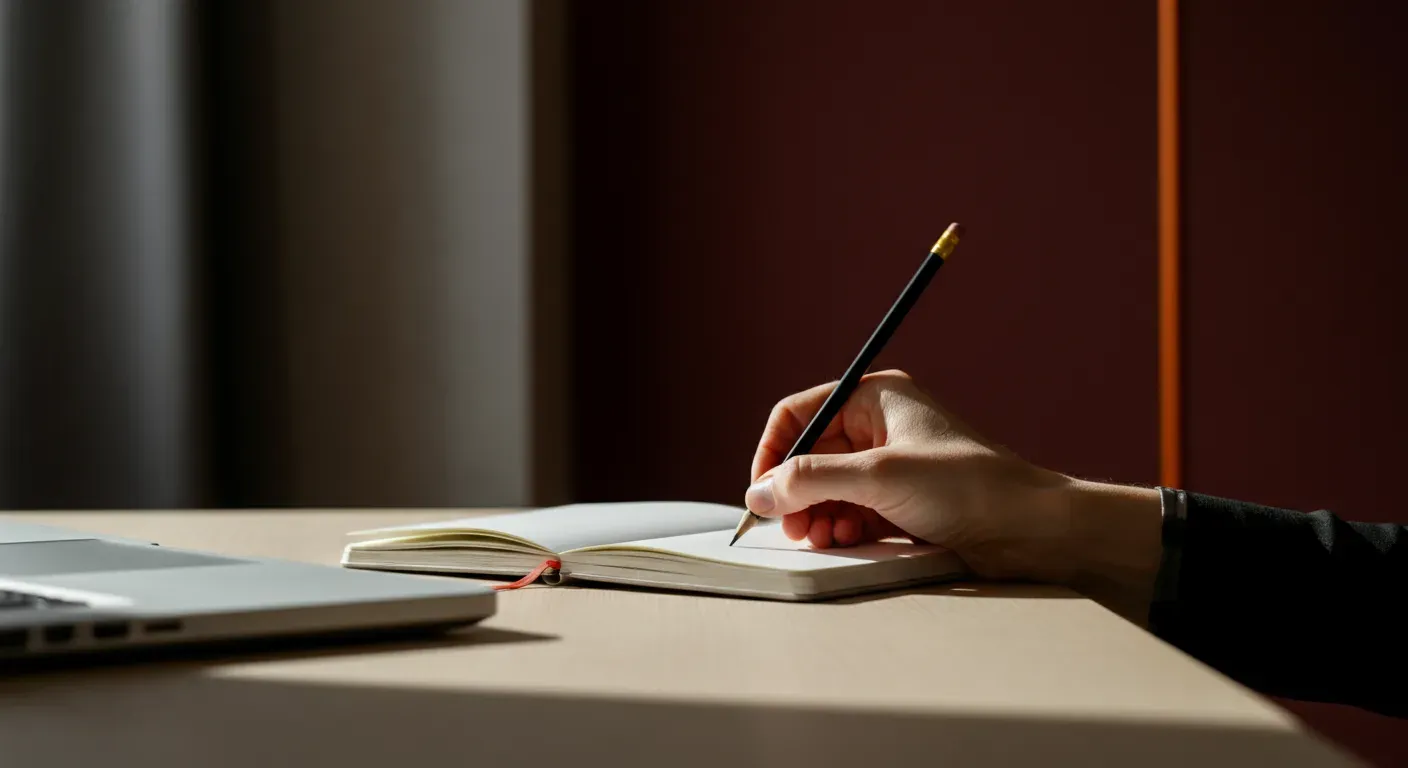 A hand making revision notes in an open notebook beside a laptop in a quiet workspace.