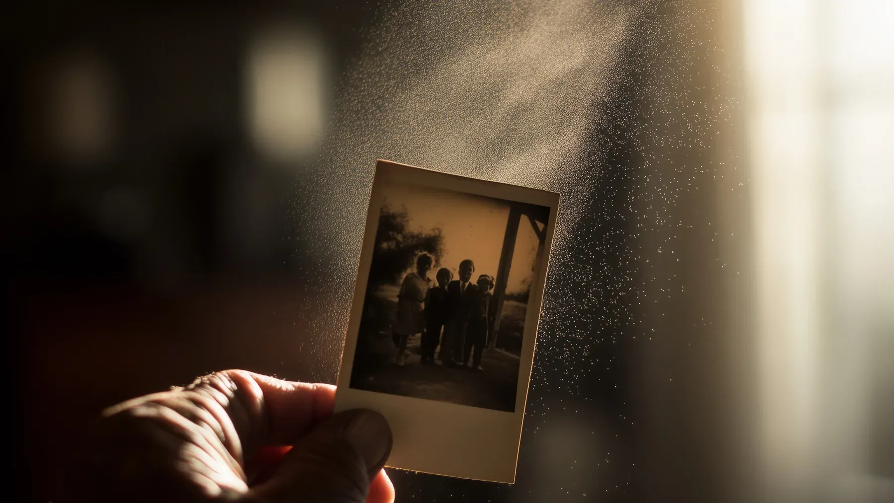 A hand holding an old family photograph as memory changes the meaning of the present moment.