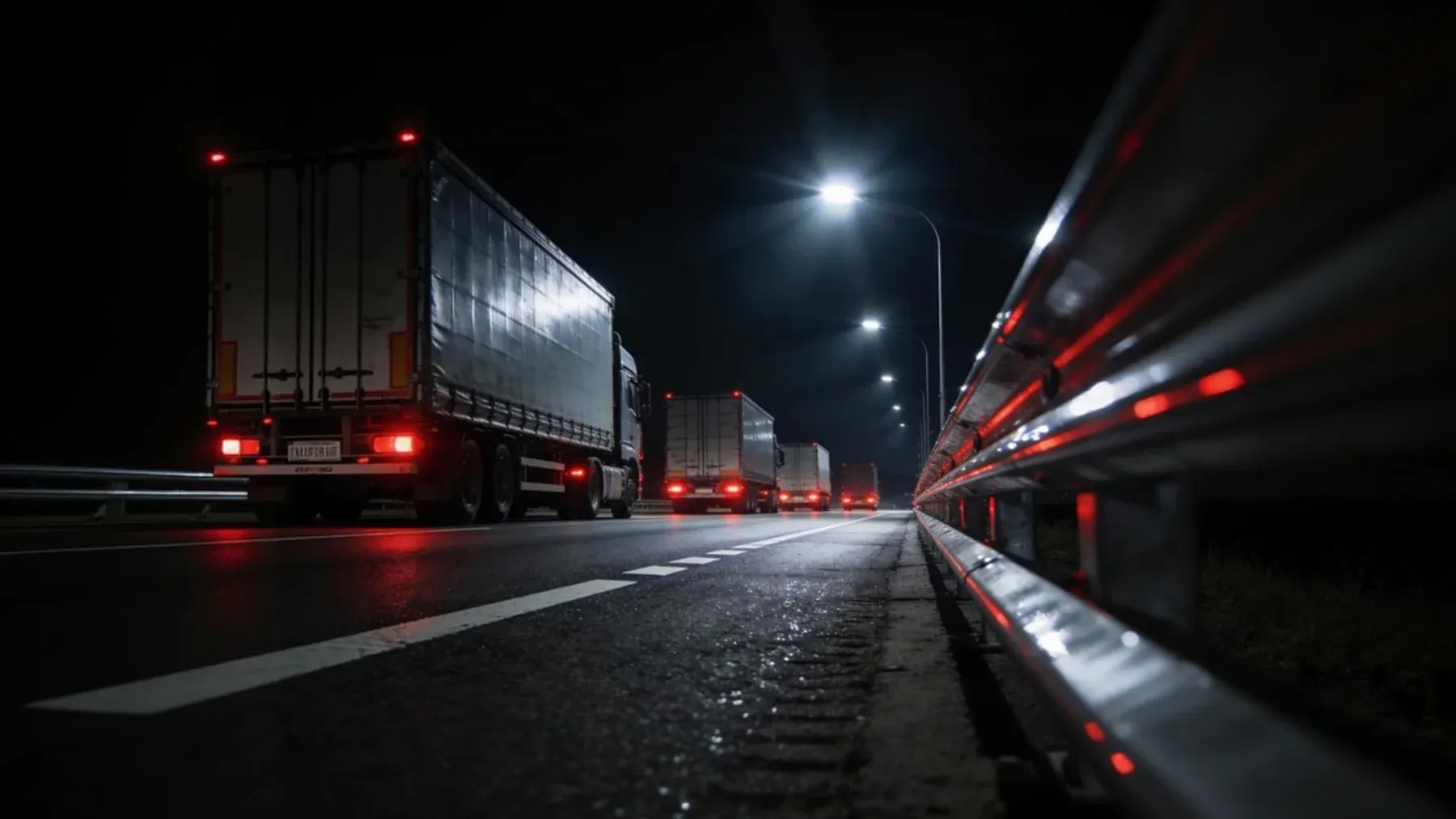 A nighttime truck convoy represents the narrow post-heist window in which transport, preservation, and trust still determine whether possession counts as success.