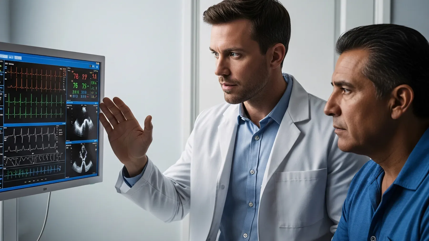An emergency physician listens during a clinical briefing while carefully managing what colleagues can read from their expression.