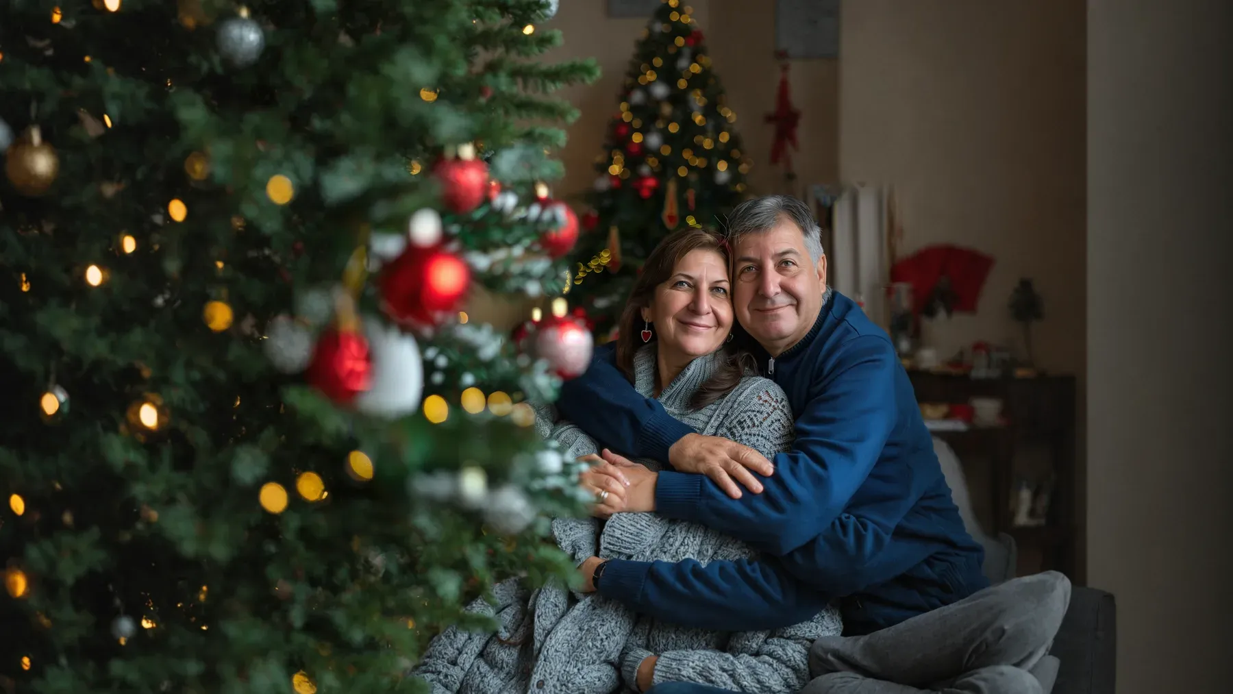 A mature couple together beside a decorated tree, suggesting a holiday relationship whose shared future extends beyond one celebration.