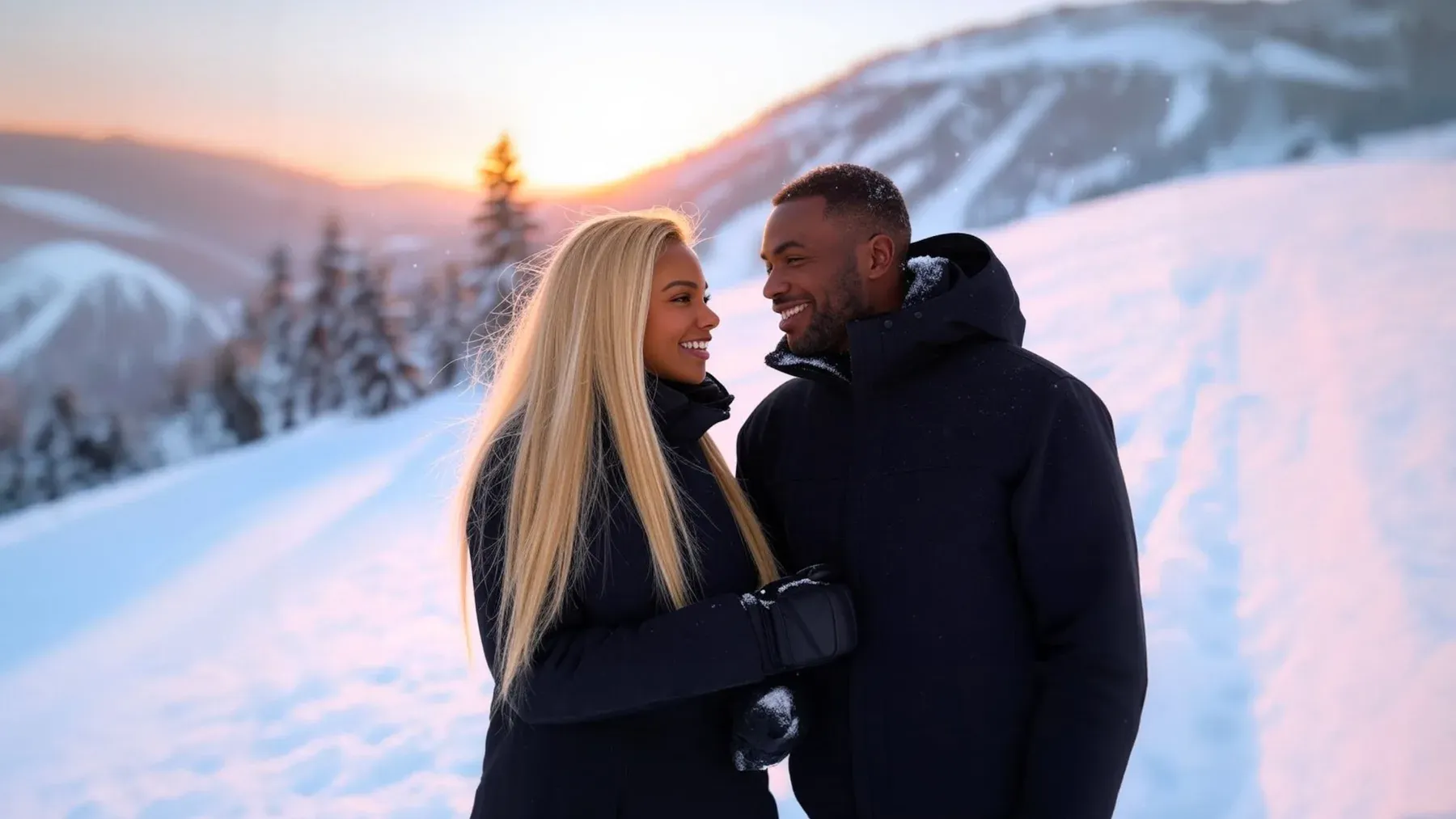 A couple together in a snowy landscape, establishing the warmth and optimistic relationship promise of a holiday romance.