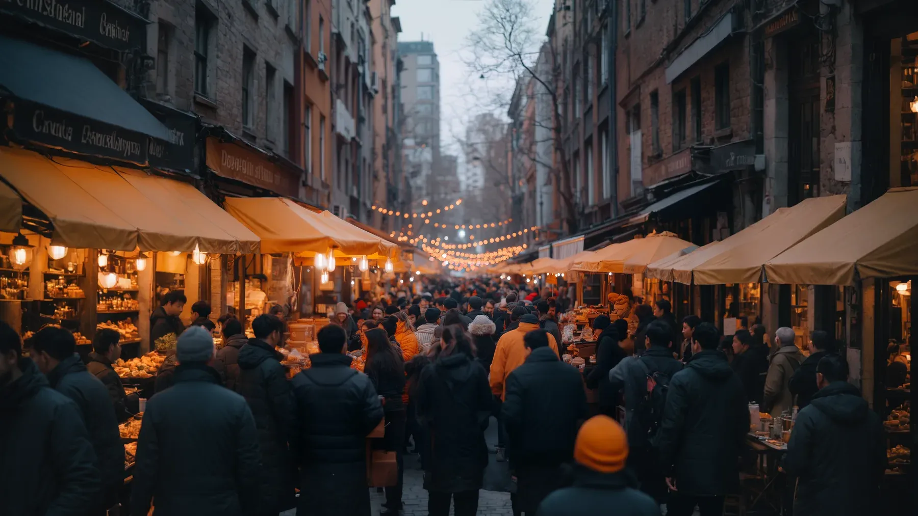 A crowded winter street market, showing the vendors, visitors, routes, and practical labor behind seasonal atmosphere.