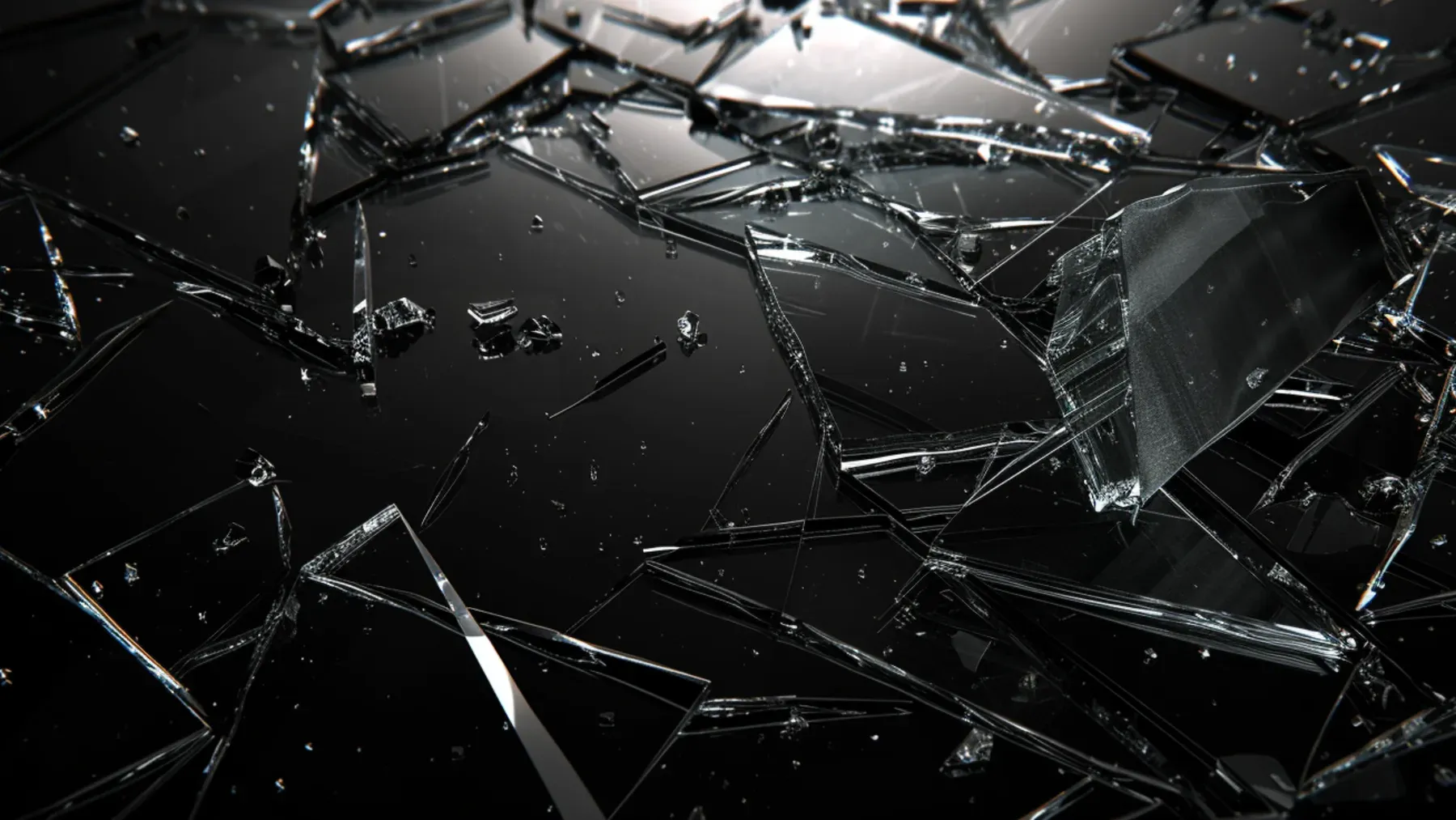 Glass shards on a dark surface give the aftermath physical evidence while the source of the damage remains unresolved.