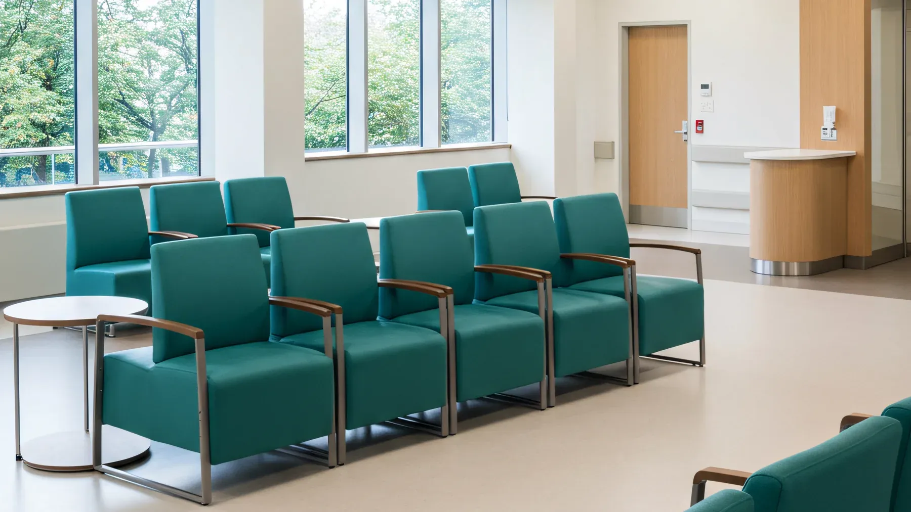 An empty waiting area makes delay visible through chairs, doors, and the absence of an answer, but the story still needs each interval to change the character's options.
