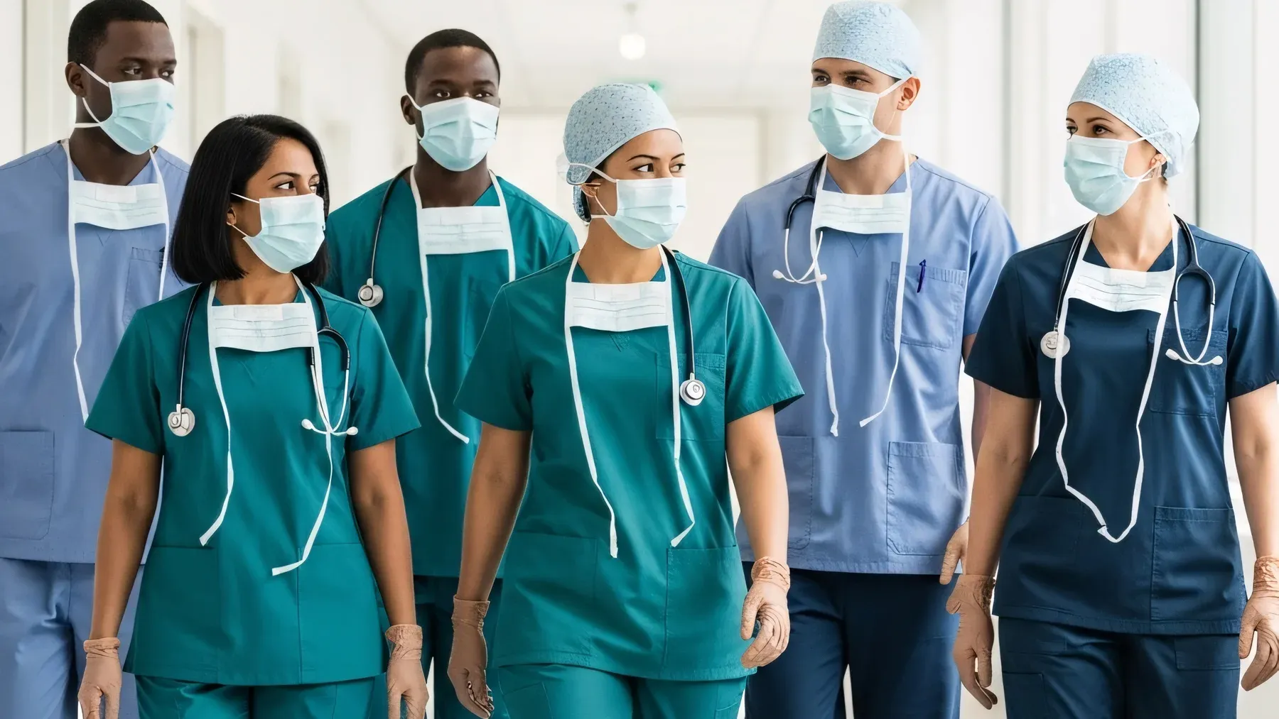 A healthcare team moves through a hospital corridor, showing that the institution has active work underway before the viewpoint character arrives.