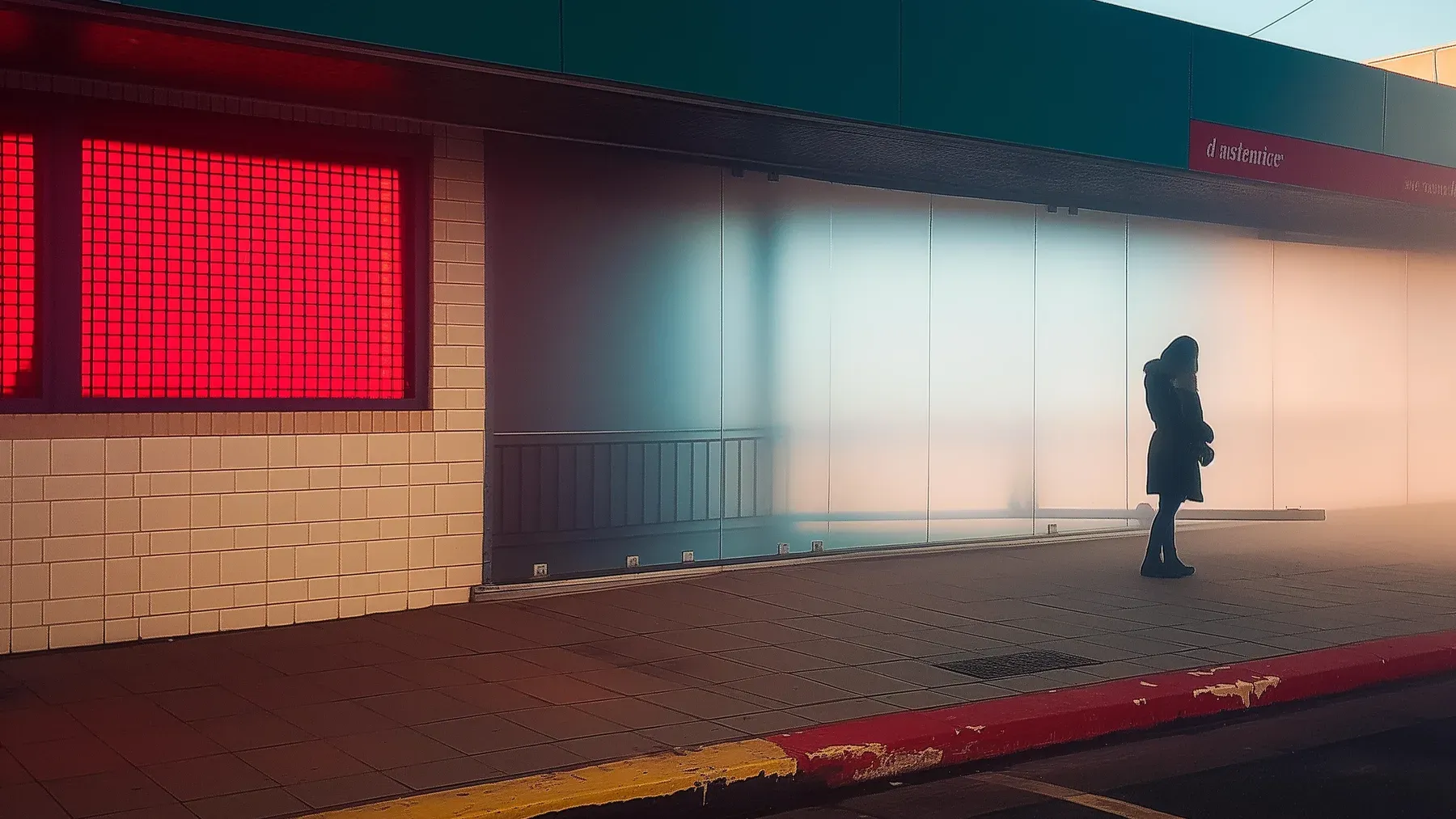 A solitary figure waits outside under red light after the immediate crisis, when public narrative and private memory begin to separate.