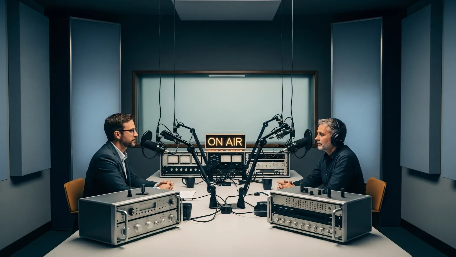 Two people face microphones in an on-air studio, a channel where speech can bargain, verify, expose, or commit.