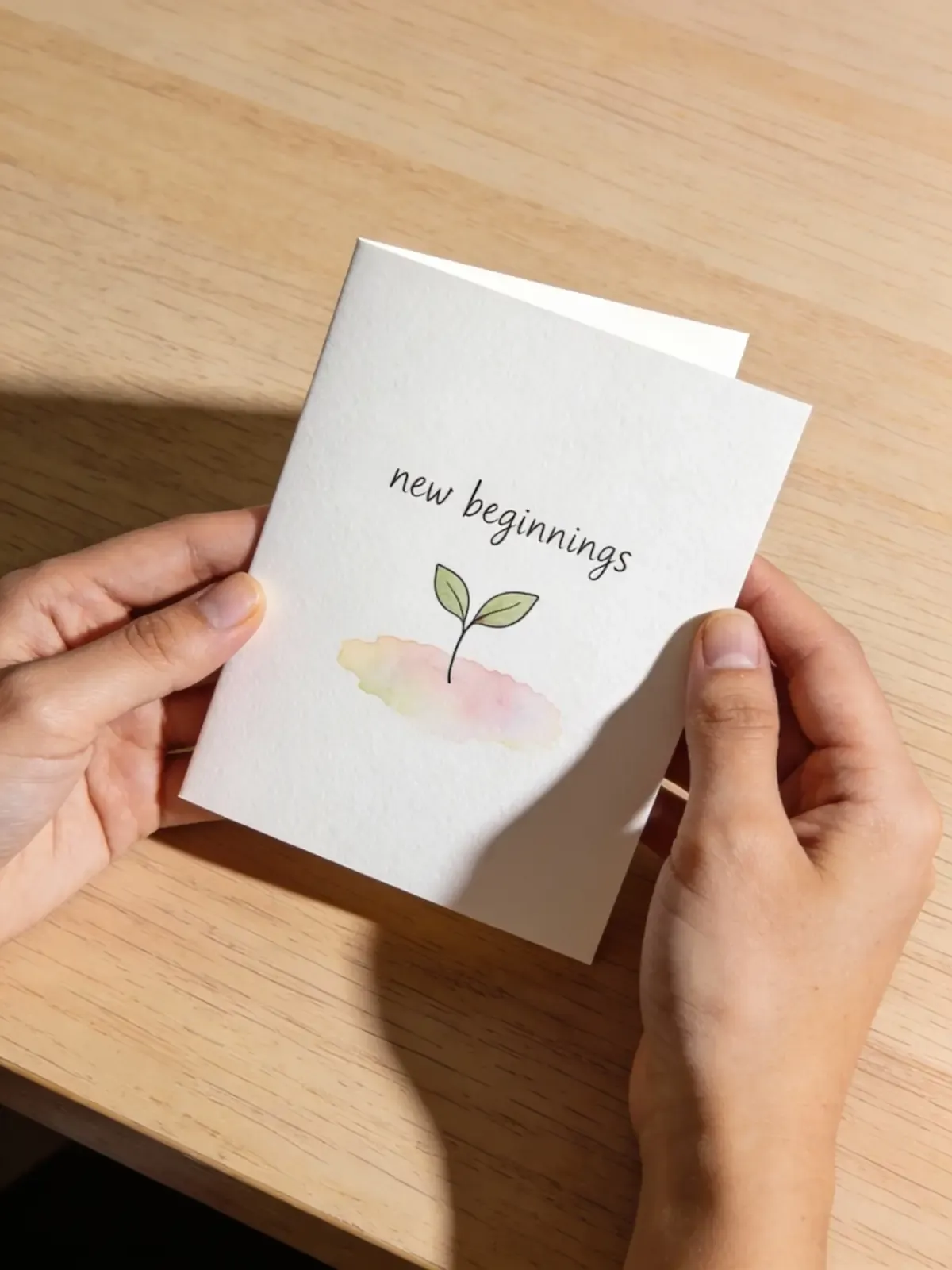 Hands holding a small card that reads "new beginnings," the promise every opening page makes.