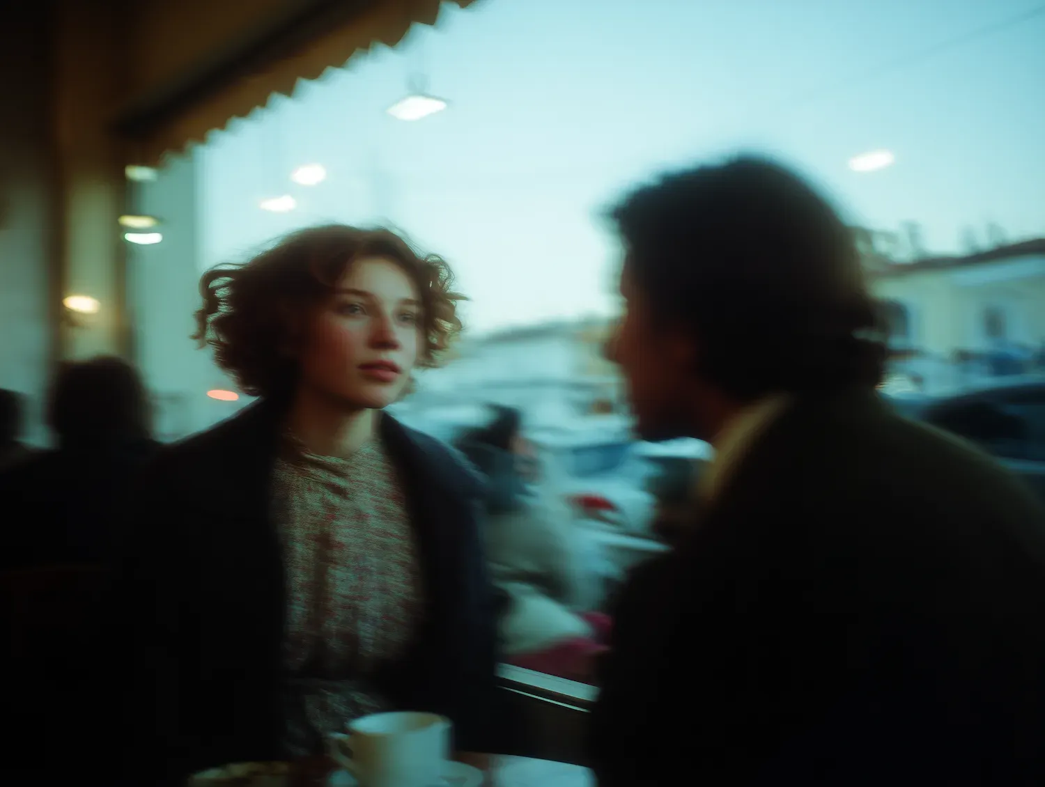 Two people mid-conversation in a cafe, capturing the uncertainty, pressure, and emotional undertow that make spoken scenes work.