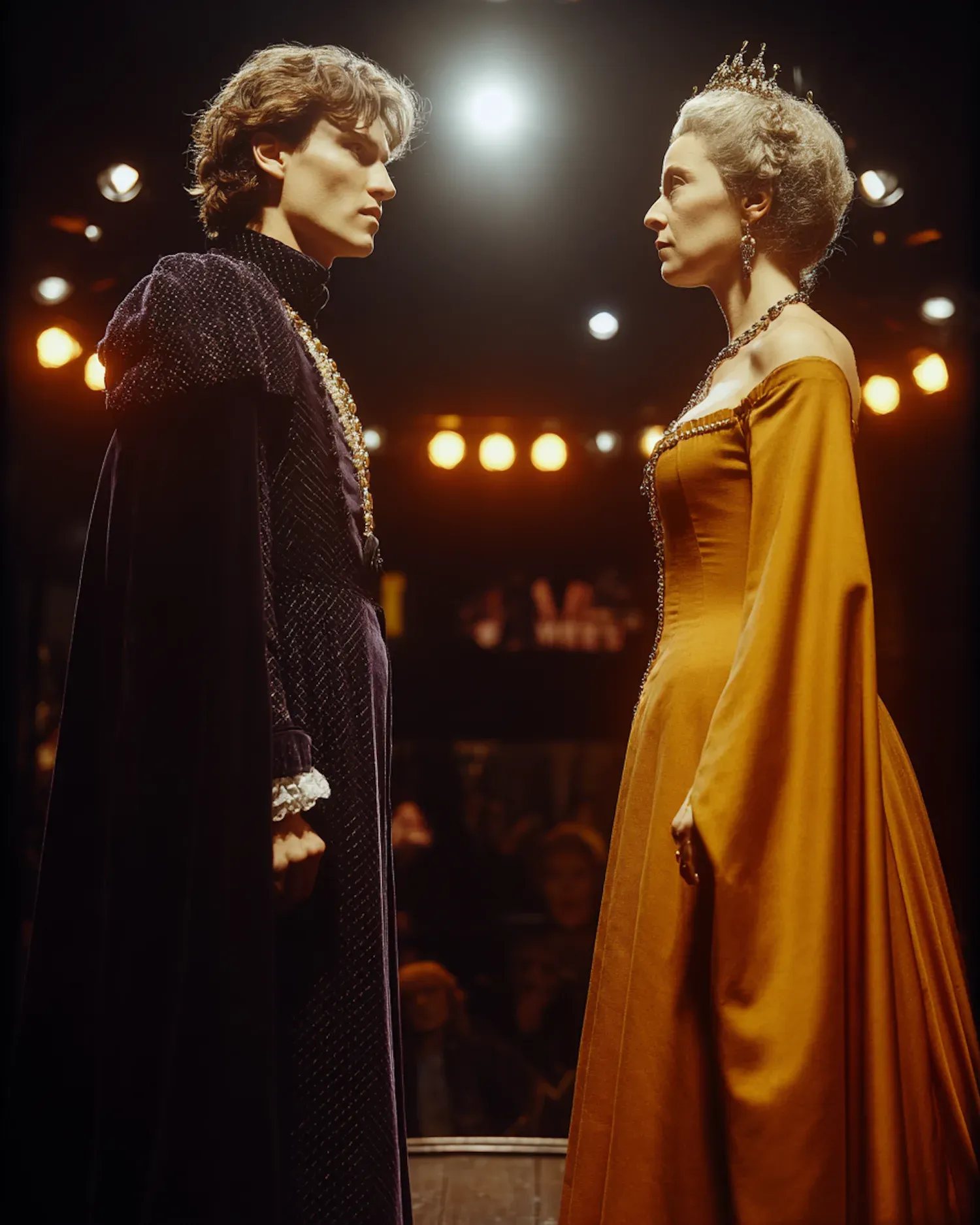 Two figures facing each other under stage lights, showing how confrontation, pause, and physical stance shape spoken conflict.