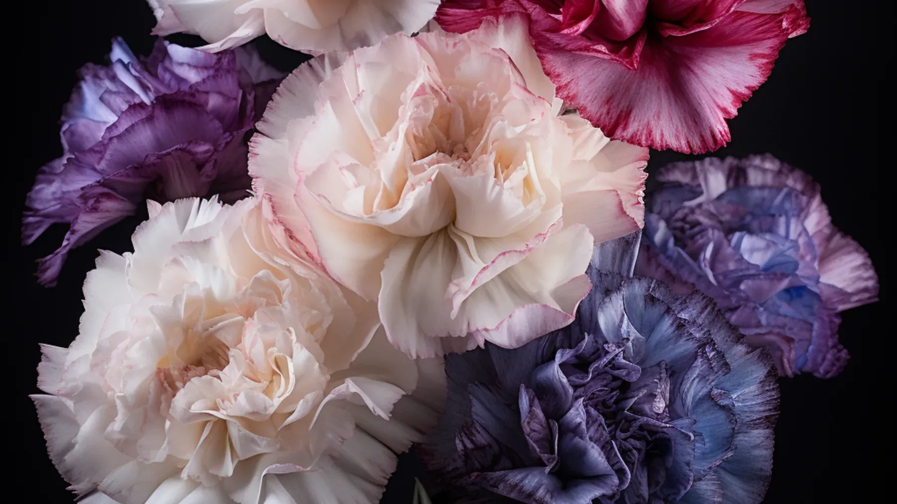Pale carnations emerge from a dark background, suggesting how tenderness and grief remain visible beside dark humor.