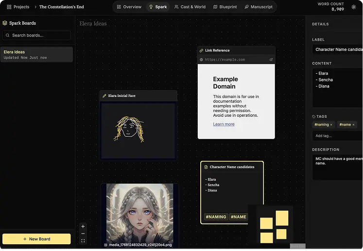 NovelOS Studio Spark workspace for gathering and arranging story ideas