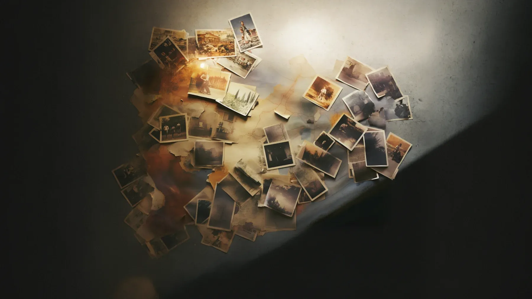 Scattered family photographs suggest a past preserved in fragments, with each image offering evidence that different relatives can interpret in incompatible ways.