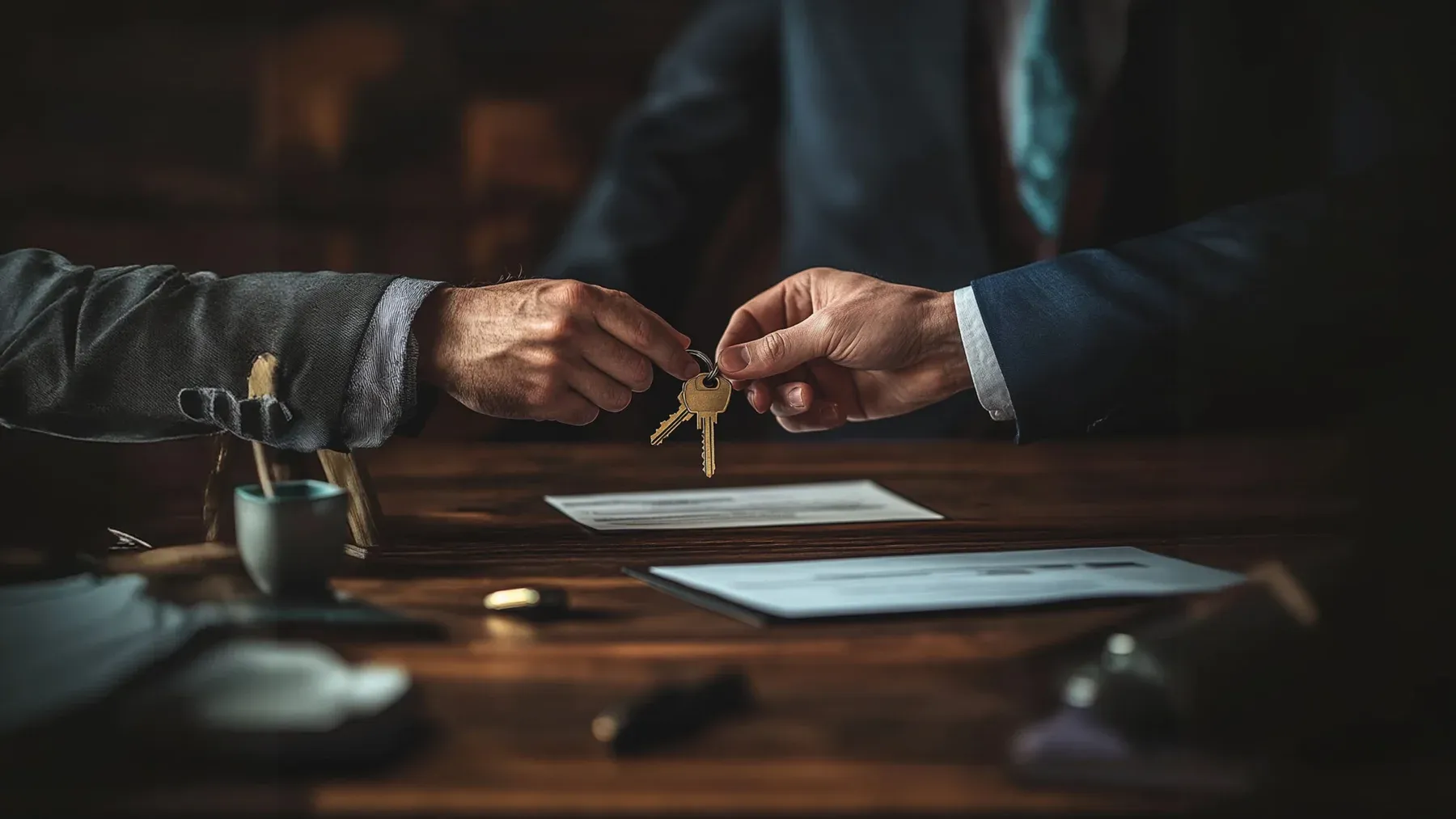 Two people exchange a key above estate papers, turning an abstract transfer of ownership into immediate control over rooms, work, and access.