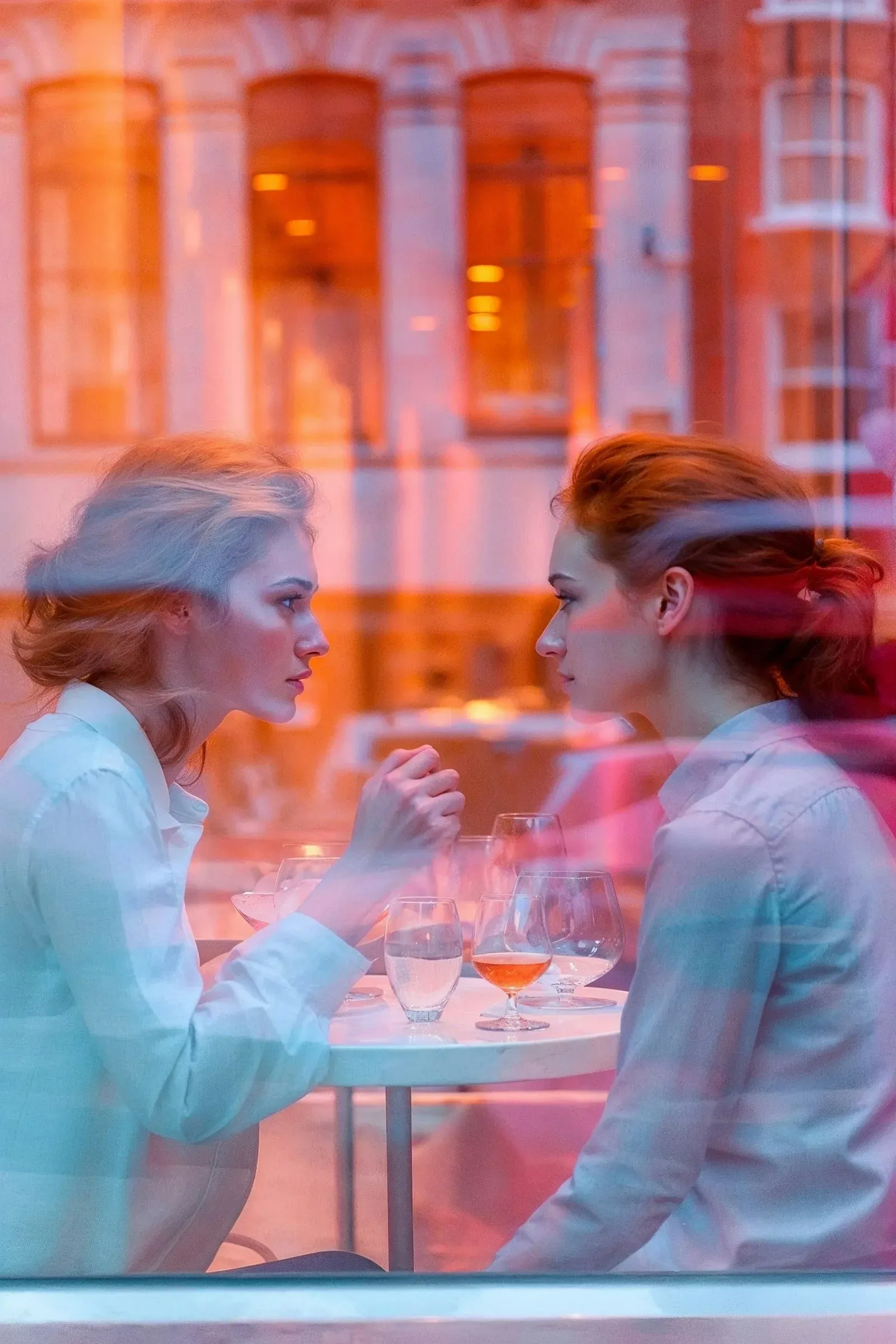 Two people facing each other in a consequential conversation where private motives shape every offered choice.