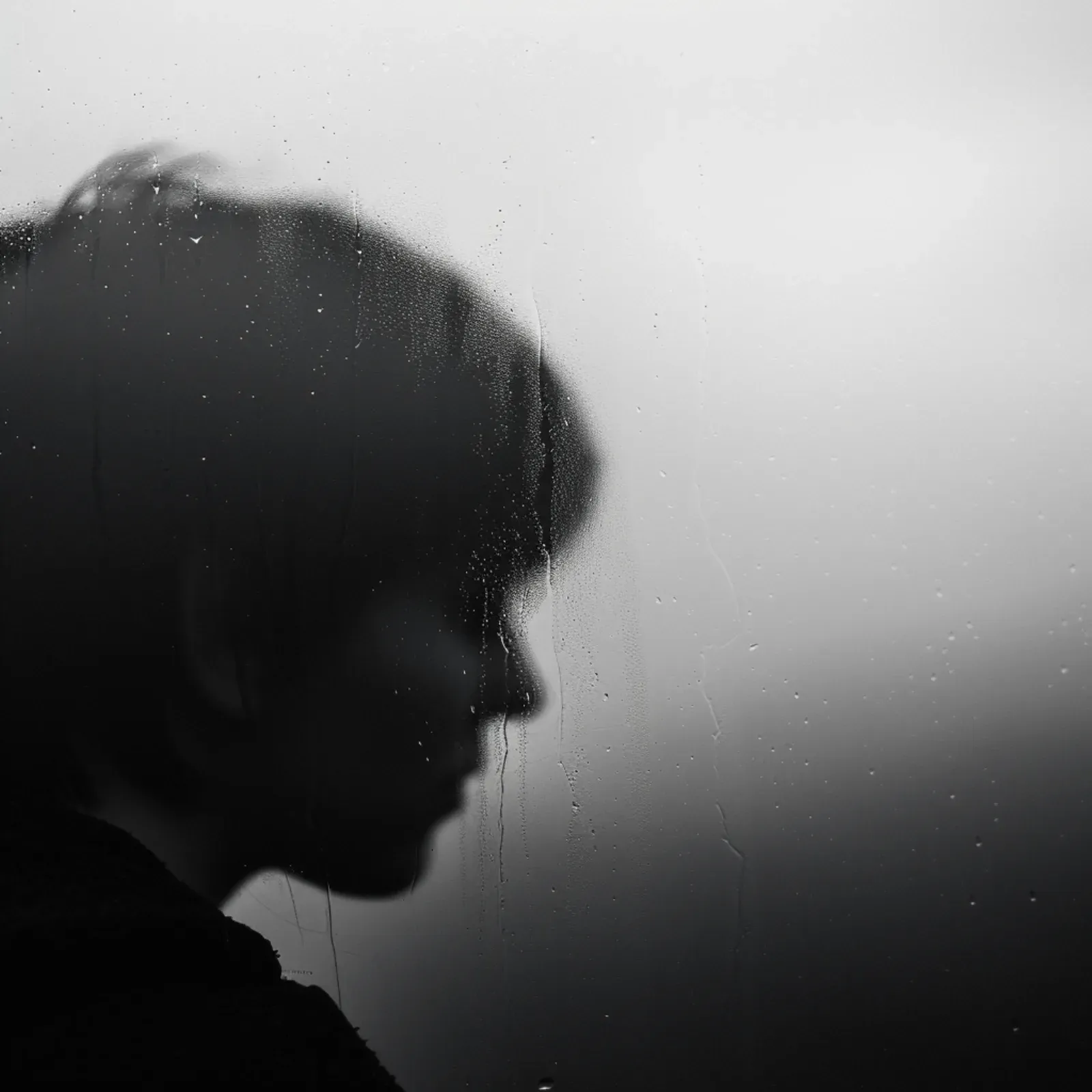 A figure seen through rain-covered glass, reflecting how a protagonist's beliefs filter the same present evidence.