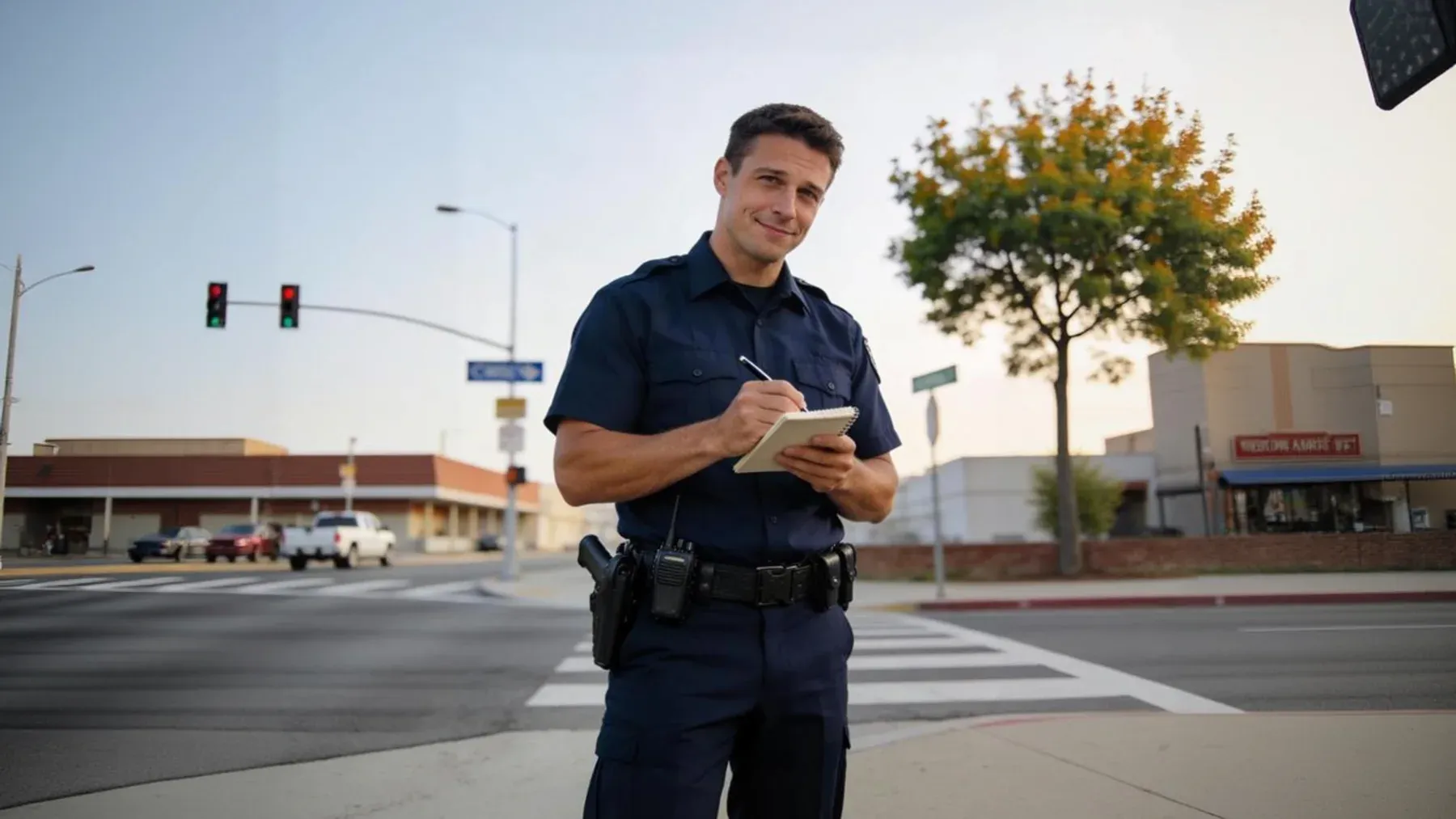 A police officer recording details in the field, emphasizing that an interview belongs to a wider chain of notes, evidence, procedure, and later verification.