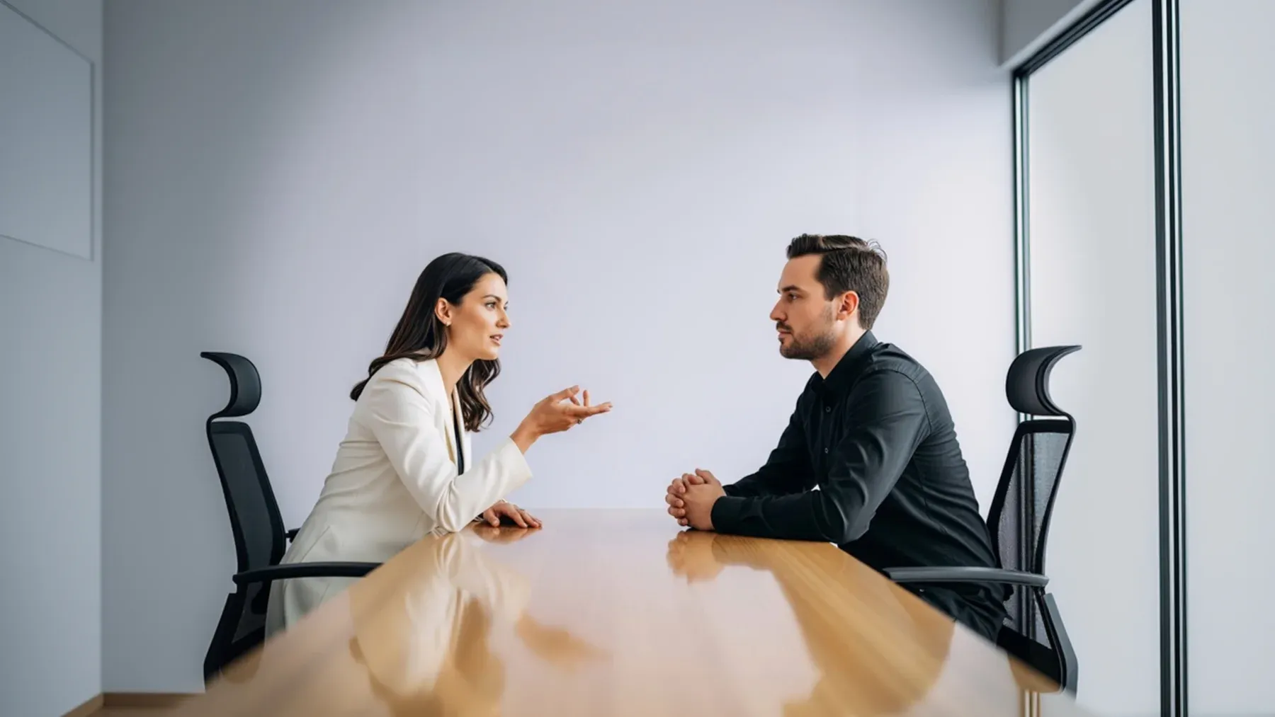 Two people facing one another across a long table, where distance, attention, and controlled speech define the interview before any evidence is shown.