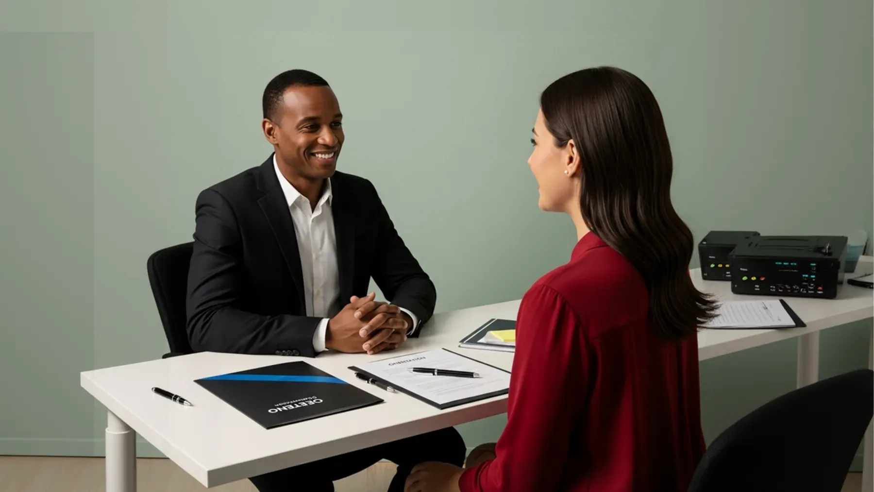 Two professionals in a focused conversation, suggesting the controlled confrontation through which each side tests what the other knows.