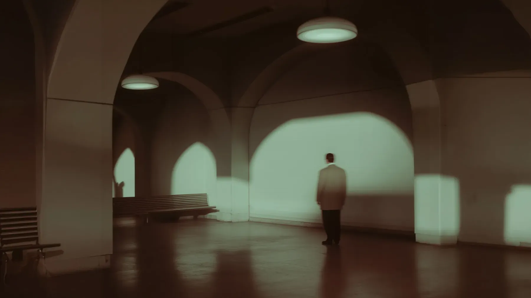 A solitary figure standing in a dim room, evoking a culprit whom the reader can see clearly while the investigator still works in darkness.