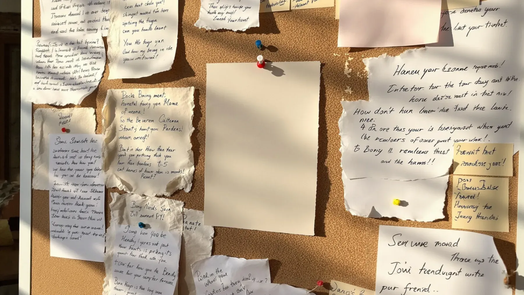 A board covered with notes and pinned papers, representing the need to keep observations, testimony, and interpretations distinct while a case develops.