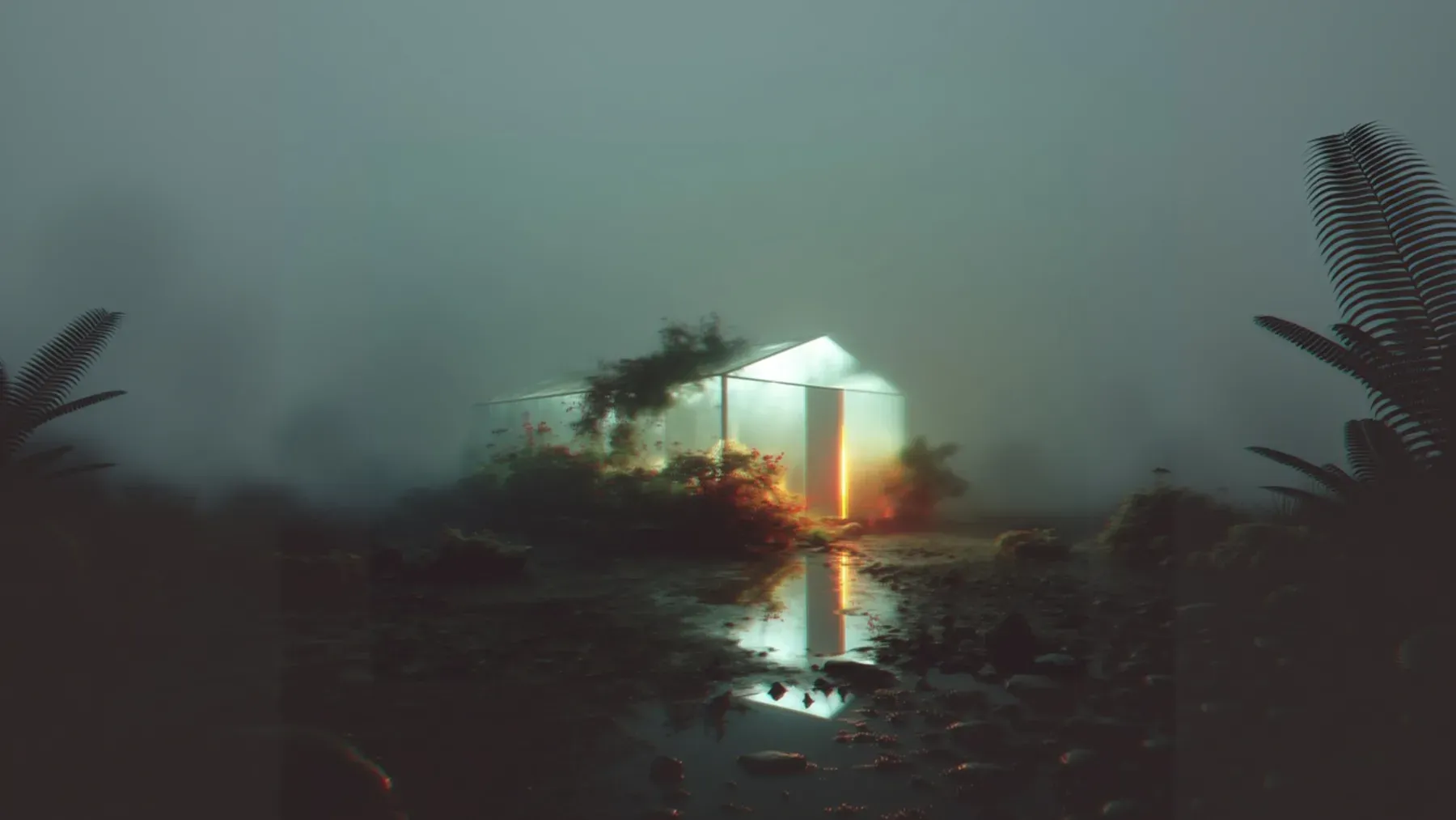 A luminous greenhouse in heavy mist, establishing the conservatory as an operating environment whose moisture, plants, and light can generate evidence.