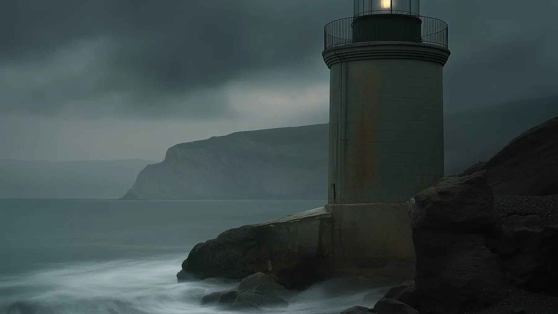 A lighthouse standing against rough weather, suggesting contact that can guide someone without removing the dangerous distance.